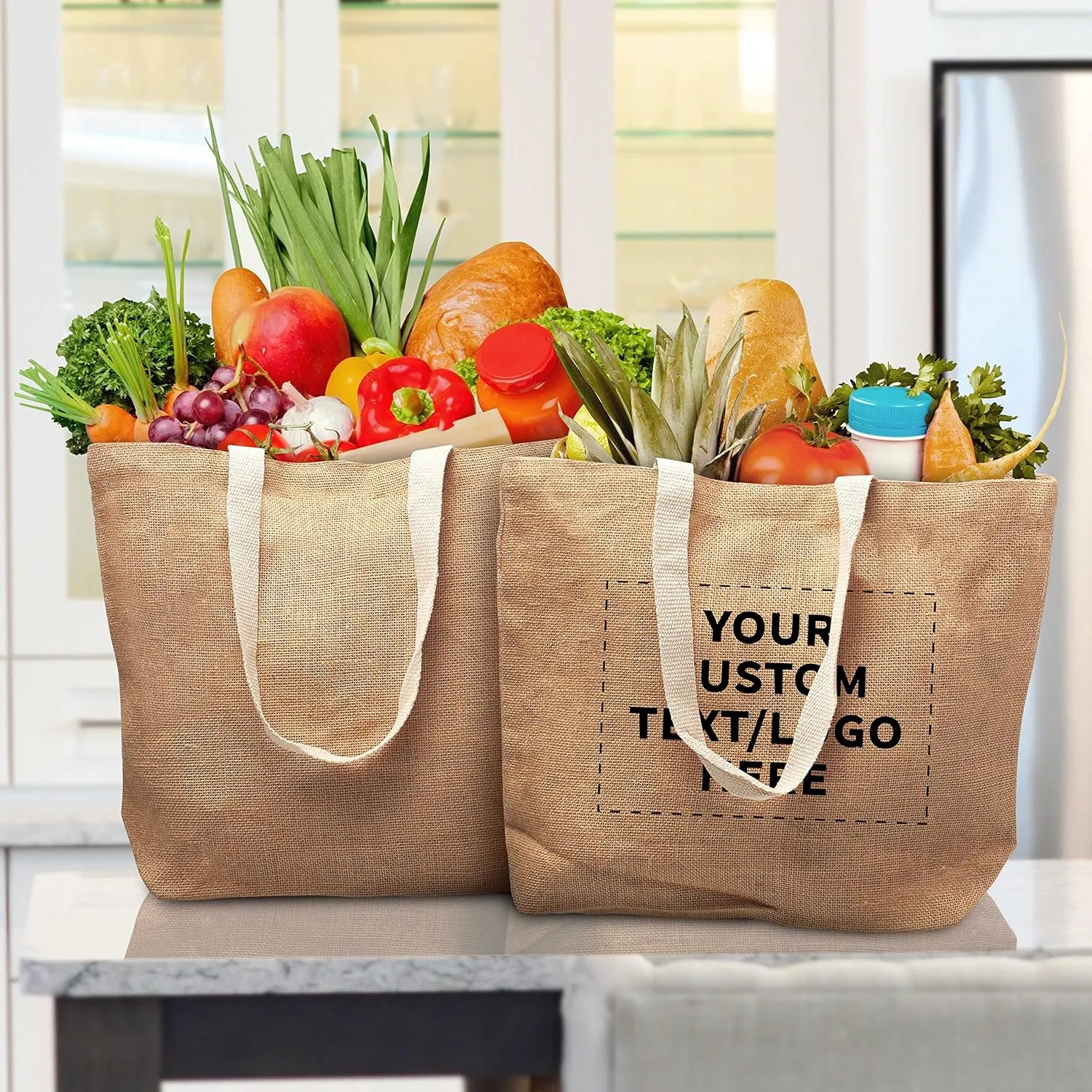 DISCOUNT PROMOS 10 Natural Jute Fiber Carry-On Tote Bags Set - Customizable Text, Logo - Convenient, Webbing Handle, Everyday Use - Natural