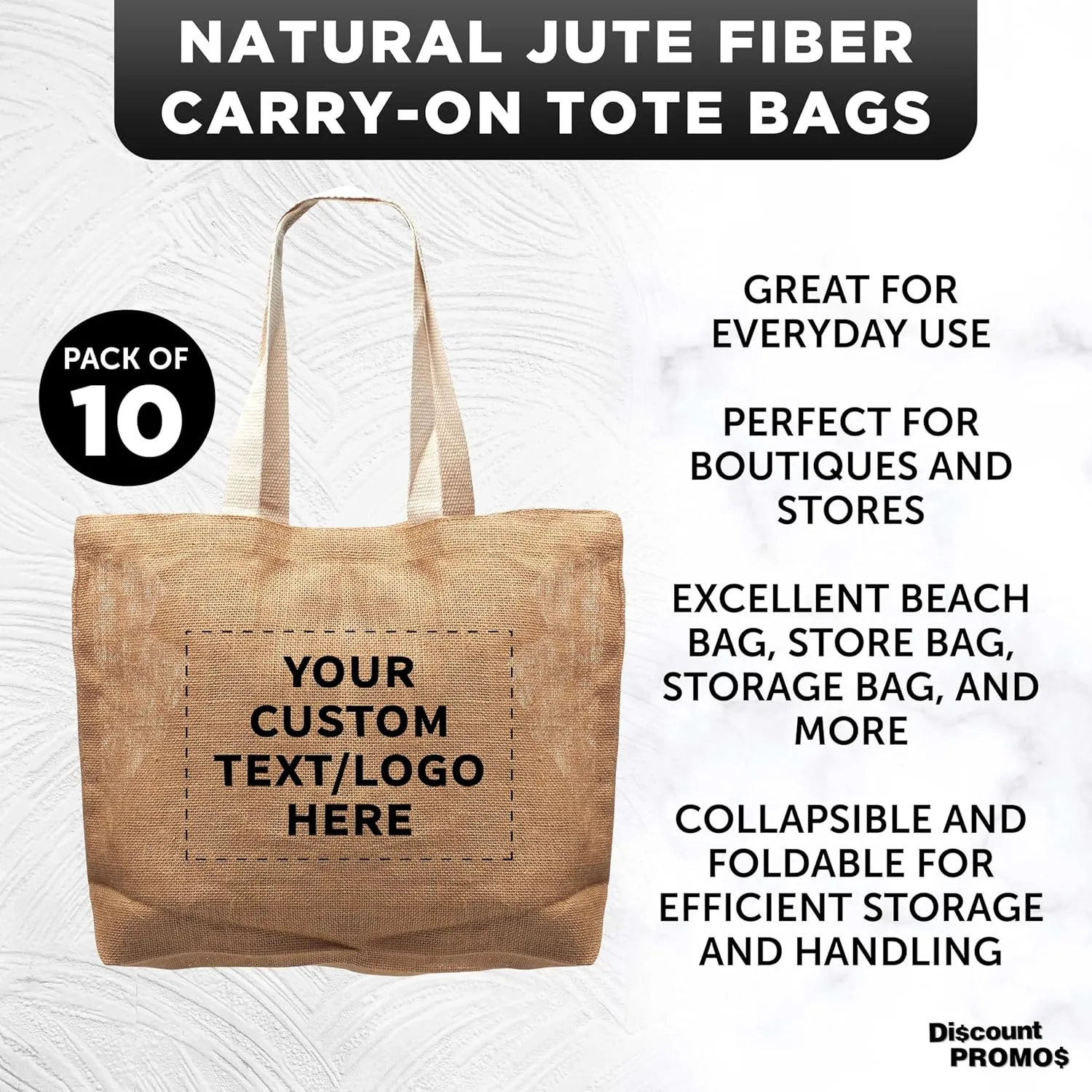 DISCOUNT PROMOS 10 Natural Jute Fiber Carry-On Tote Bags Set - Customizable Text, Logo - Convenient, Webbing Handle, Everyday Use - Natural