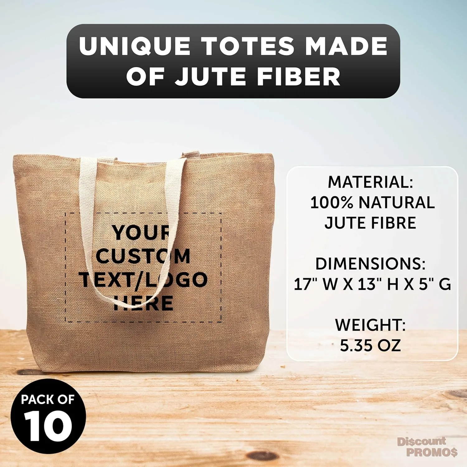 DISCOUNT PROMOS 10 Natural Jute Fiber Carry-On Tote Bags Set - Customizable Text, Logo - Convenient, Webbing Handle, Everyday Use - Natural