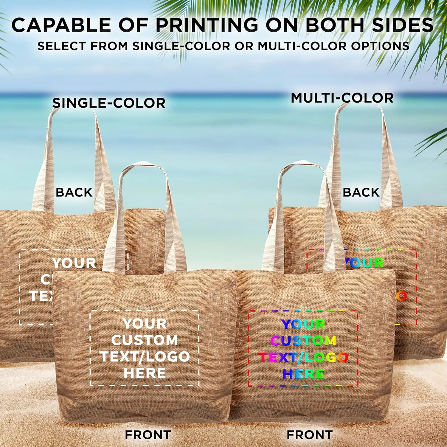 DISCOUNT PROMOS 10 Natural Jute Fiber Carry-On Tote Bags Set - Customizable Text, Logo - Convenient, Webbing Handle, Everyday Use - Natural