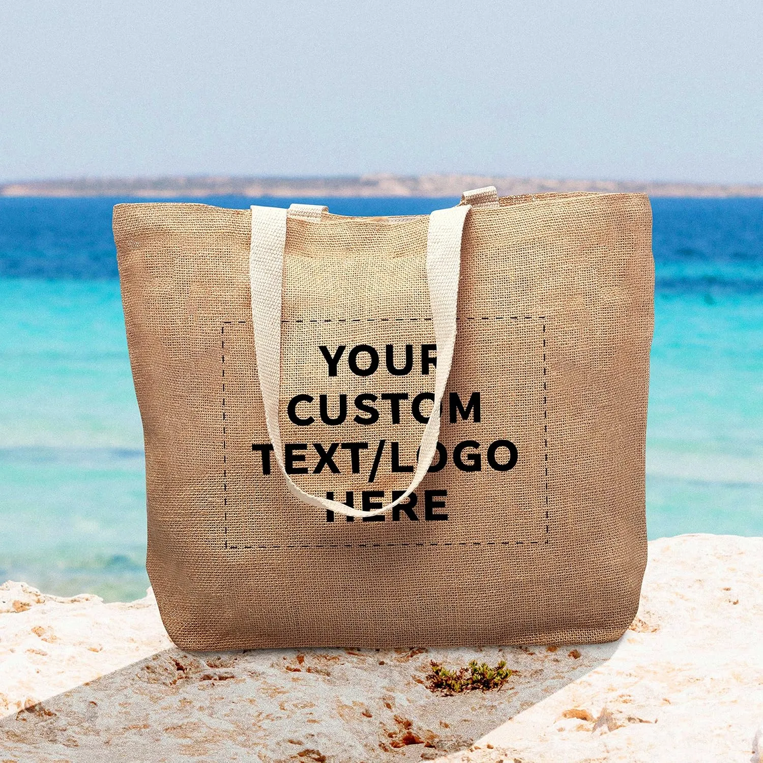 DISCOUNT PROMOS 10 Natural Jute Fiber Carry-On Tote Bags Set - Customizable Text, Logo - Convenient, Webbing Handle, Everyday Use - Natural
