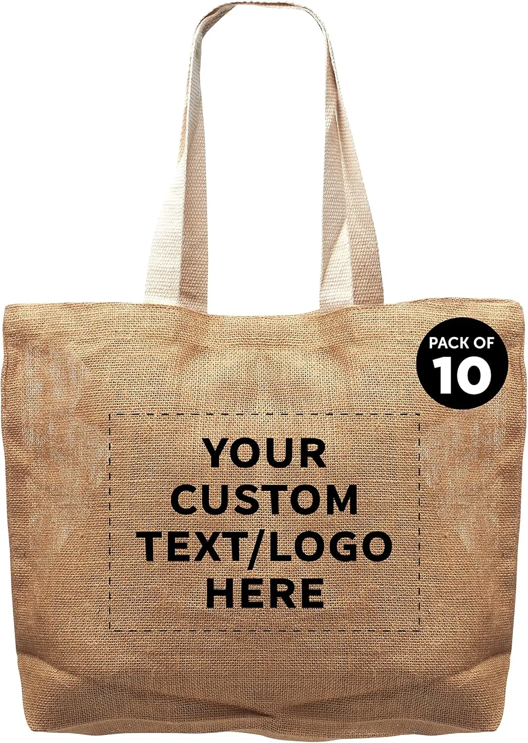 DISCOUNT PROMOS 10 Natural Jute Fiber Carry-On Tote Bags Set - Customizable Text, Logo - Convenient, Webbing Handle, Everyday Use - Natural