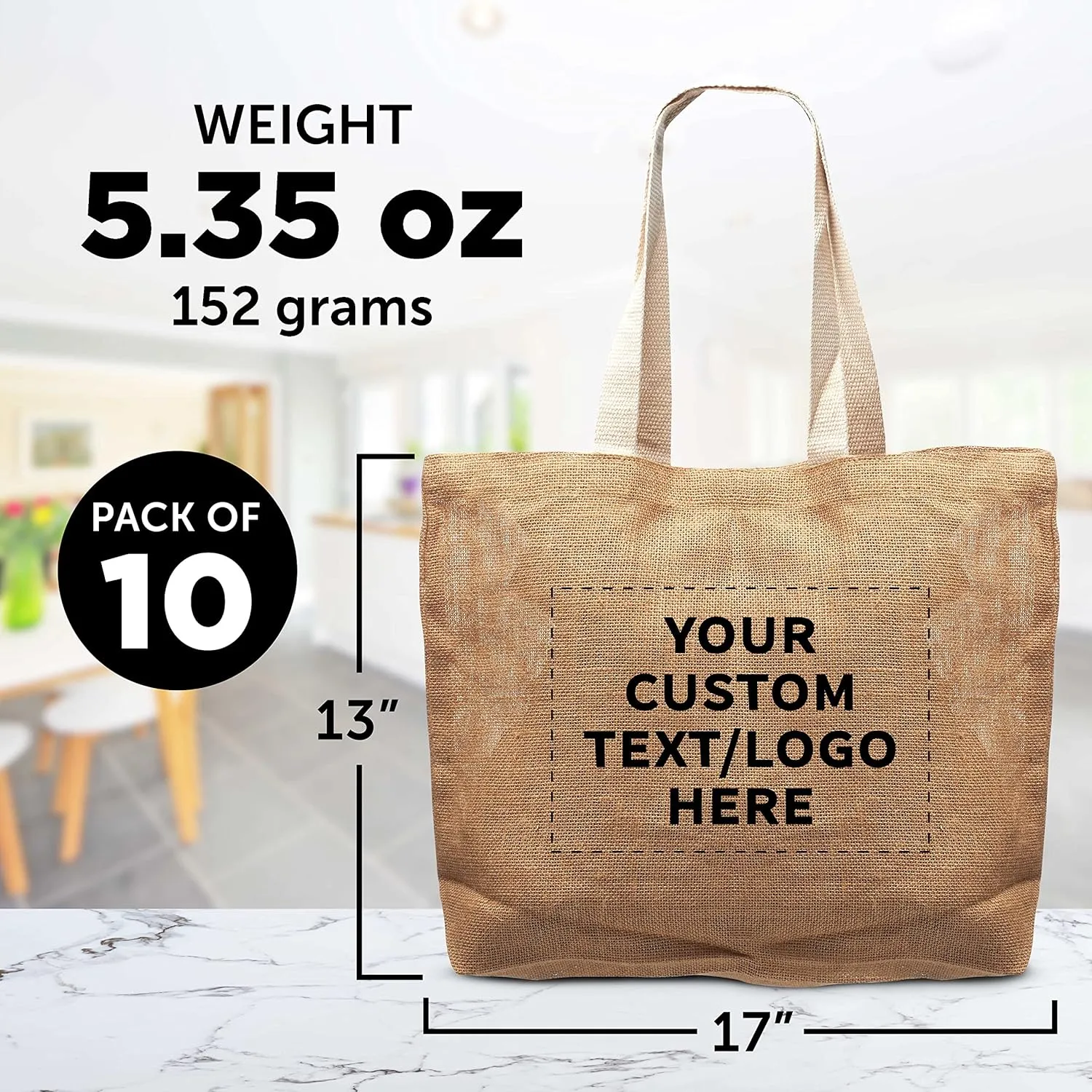 DISCOUNT PROMOS 10 Natural Jute Fiber Carry-On Tote Bags Set - Customizable Text, Logo - Convenient, Webbing Handle, Everyday Use - Natural