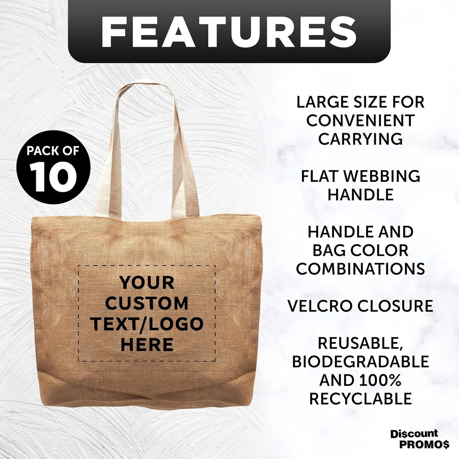 DISCOUNT PROMOS 10 Natural Jute Fiber Carry-On Tote Bags Set - Customizable Text, Logo - Convenient, Webbing Handle, Everyday Use - Natural