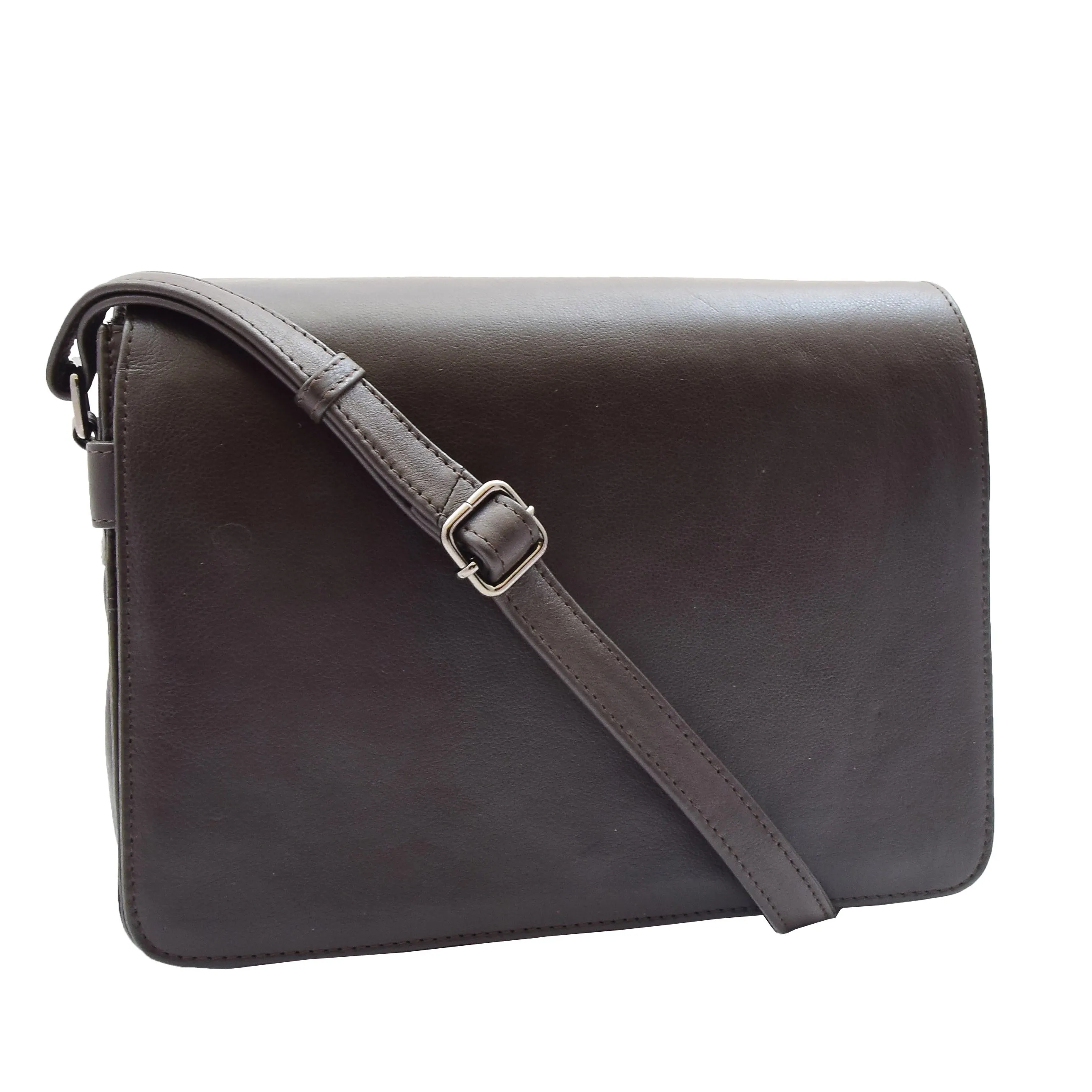 DR352 Women's Leather Cross Body Bag Flap Over Messenger Office Organiser Brown
