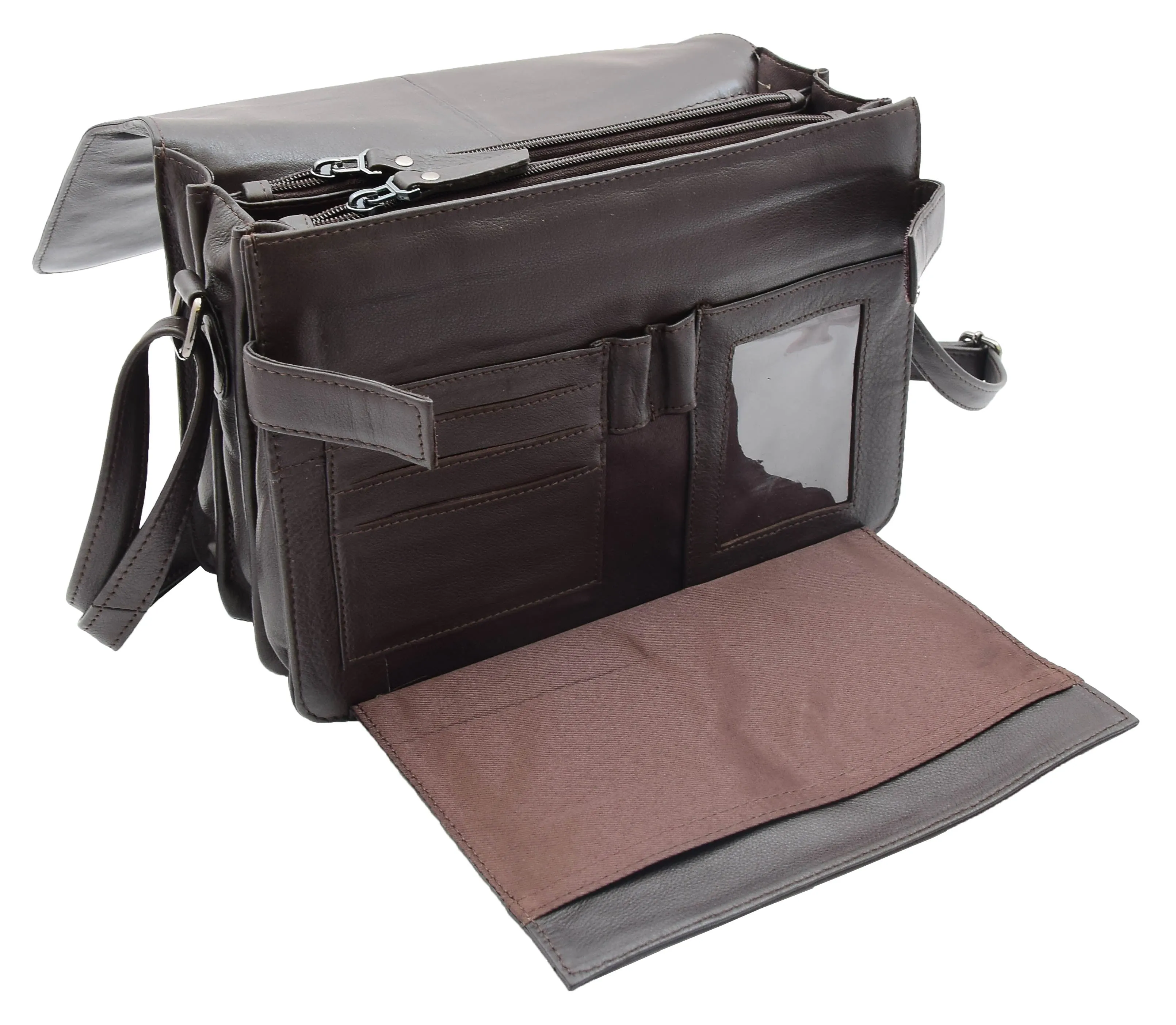 DR352 Women's Leather Cross Body Bag Flap Over Messenger Office Organiser Brown