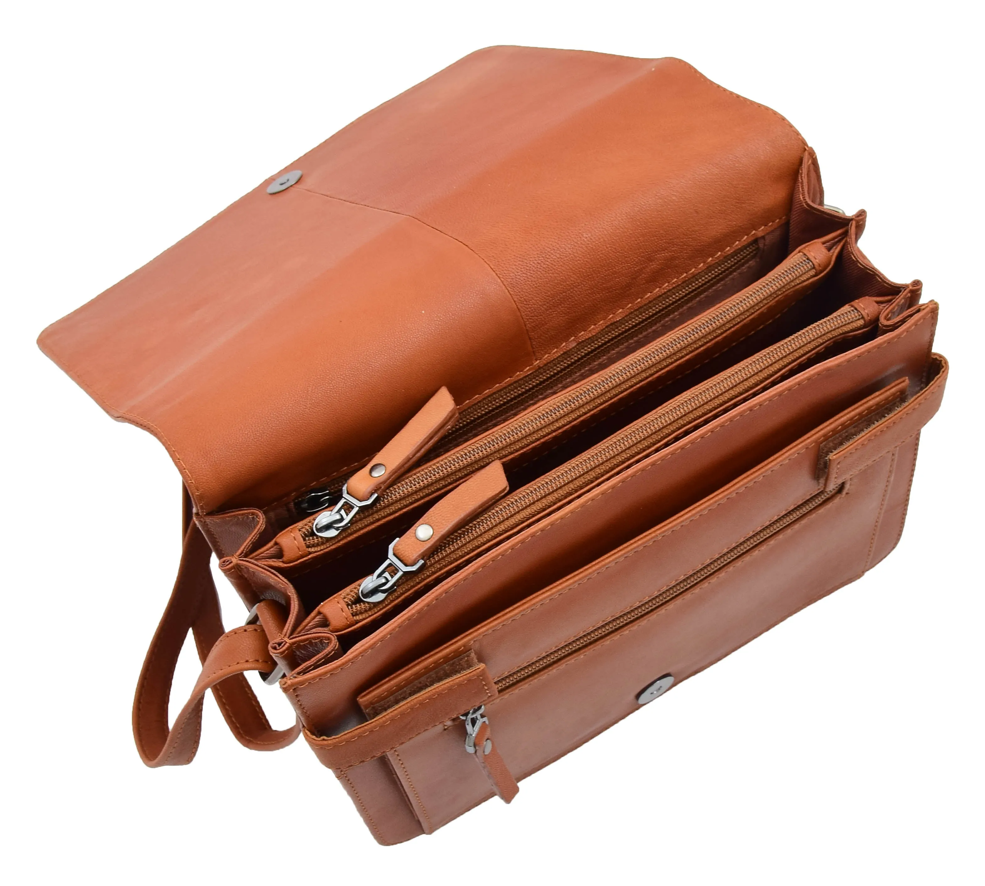 DR352 Women's Leather Cross Body Bag Flap Over Messenger Office Organiser Cognac