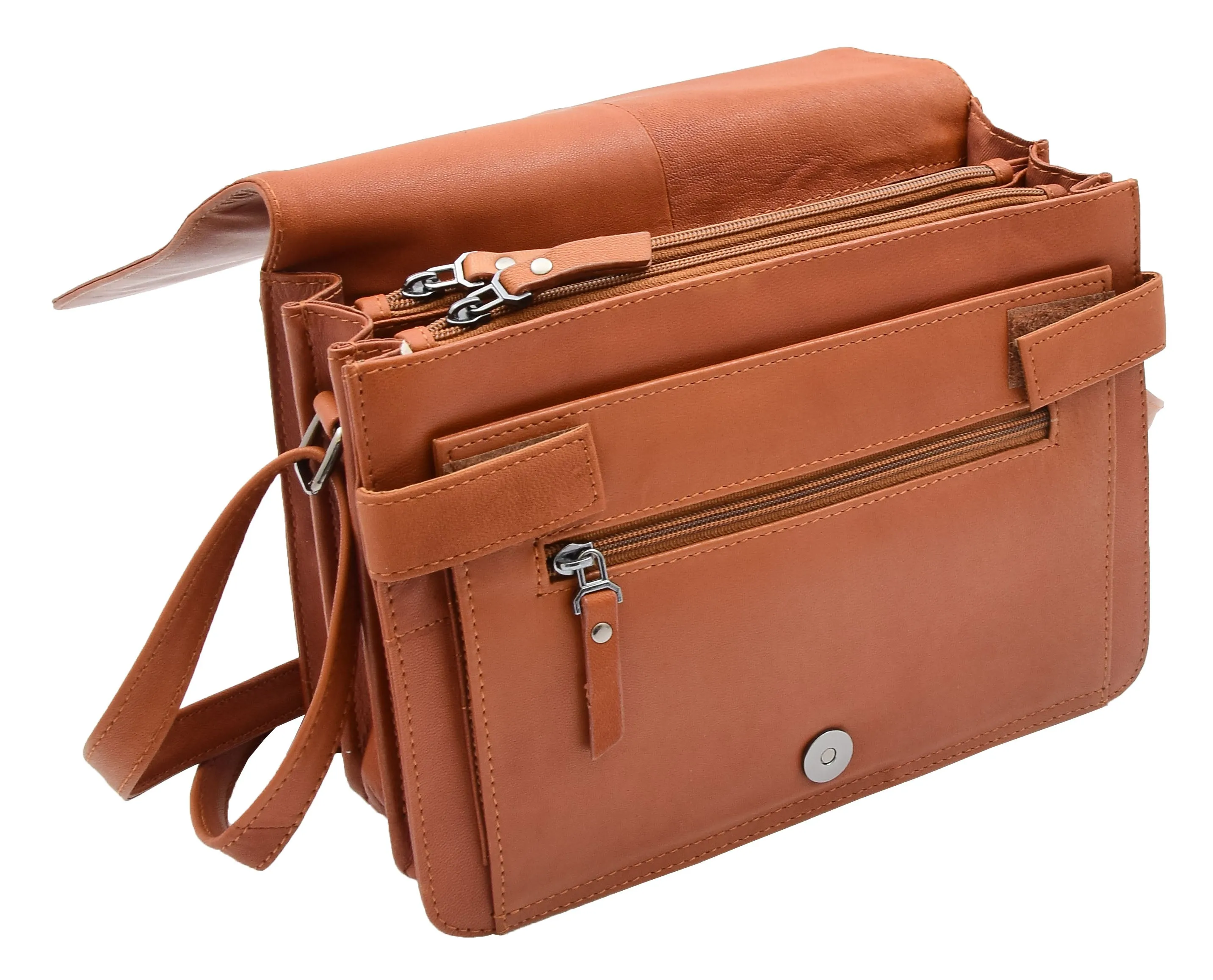 DR352 Women's Leather Cross Body Bag Flap Over Messenger Office Organiser Cognac
