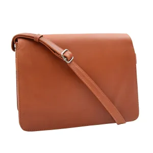 DR352 Women's Leather Cross Body Bag Flap Over Messenger Office Organiser Cognac