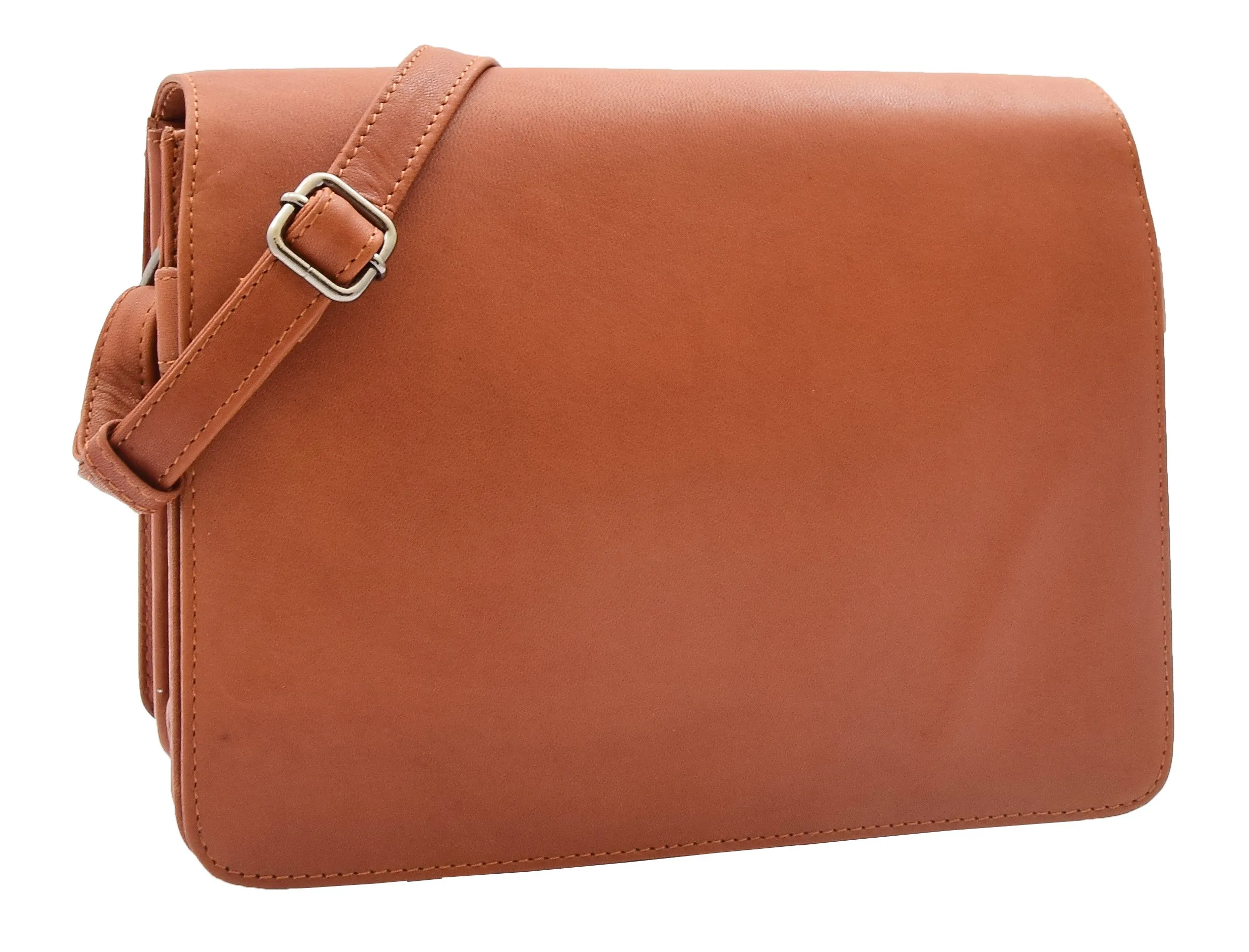 DR352 Women's Leather Cross Body Bag Flap Over Messenger Office Organiser Cognac