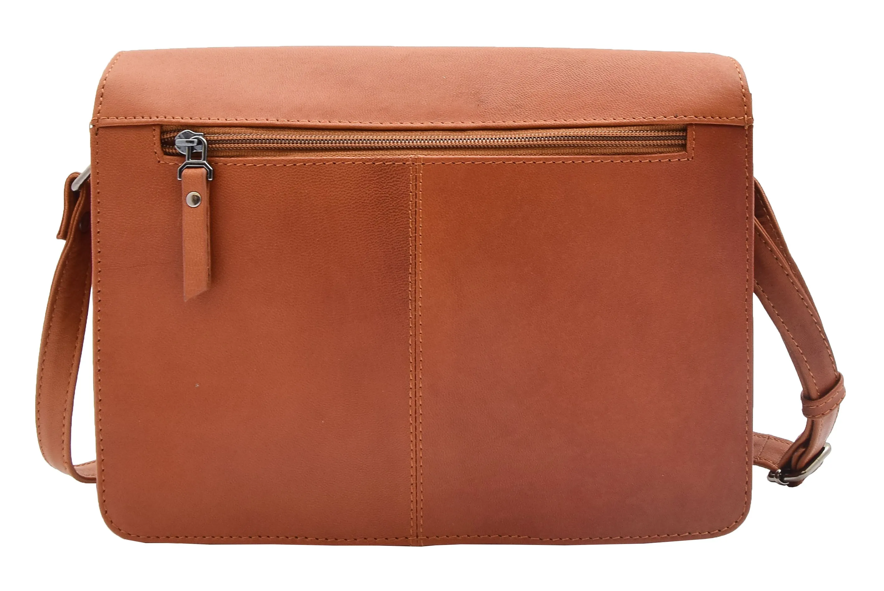 DR352 Women's Leather Cross Body Bag Flap Over Messenger Office Organiser Cognac