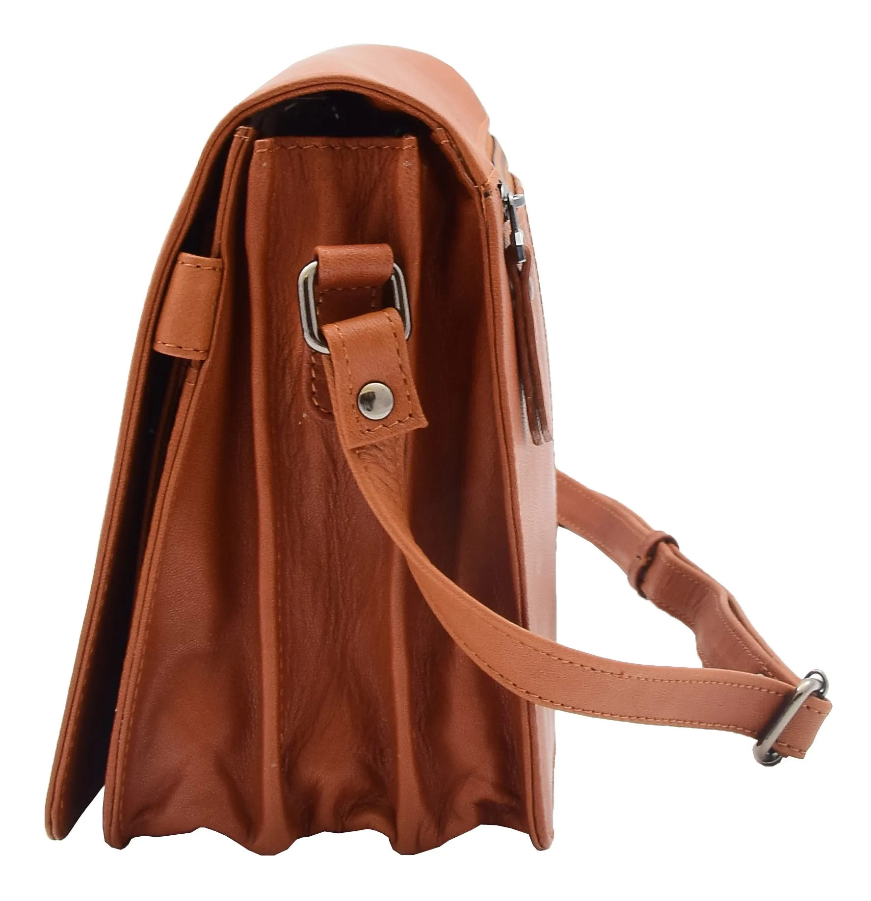 DR352 Women's Leather Cross Body Bag Flap Over Messenger Office Organiser Cognac