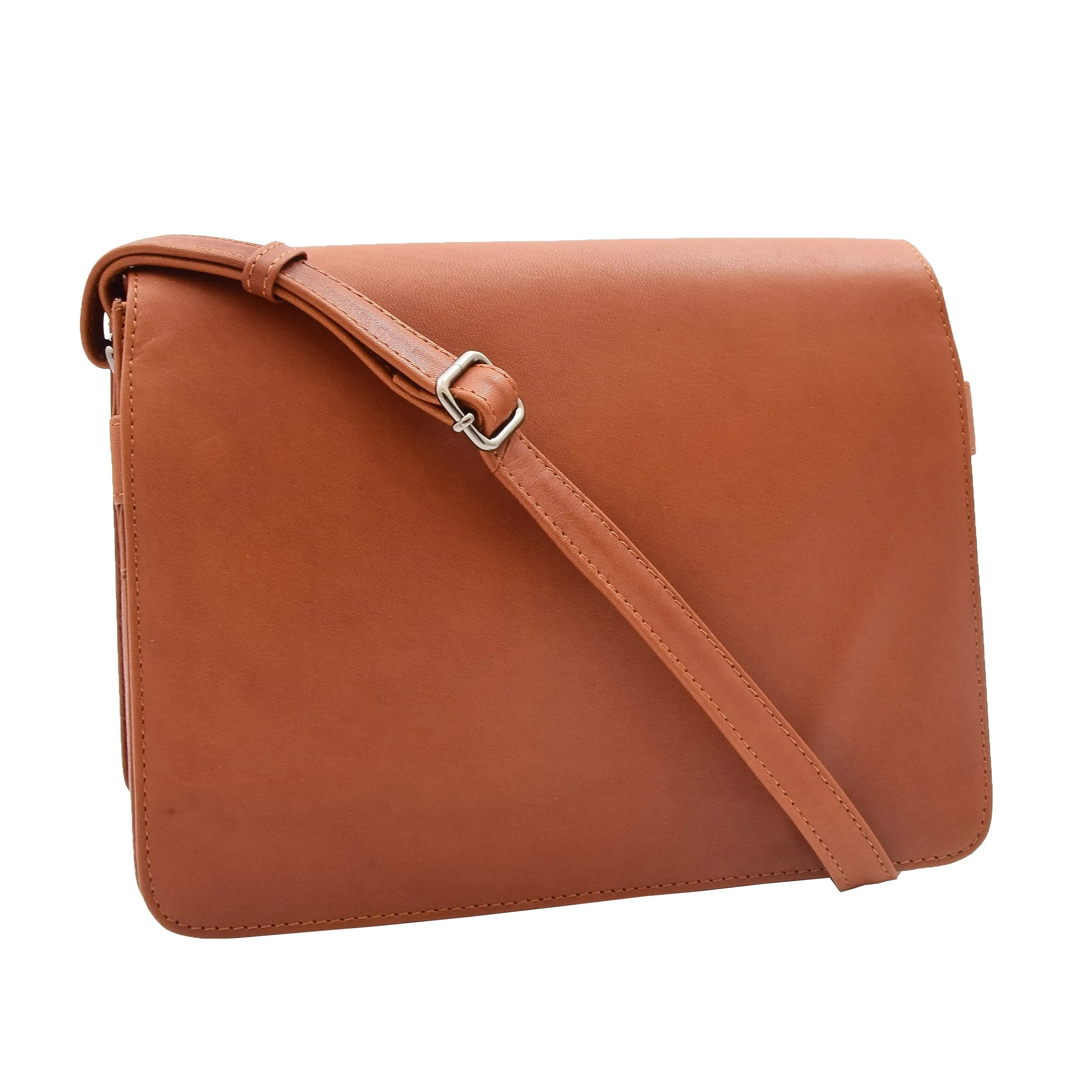 DR352 Women's Leather Cross Body Bag Flap Over Messenger Office Organiser Cognac