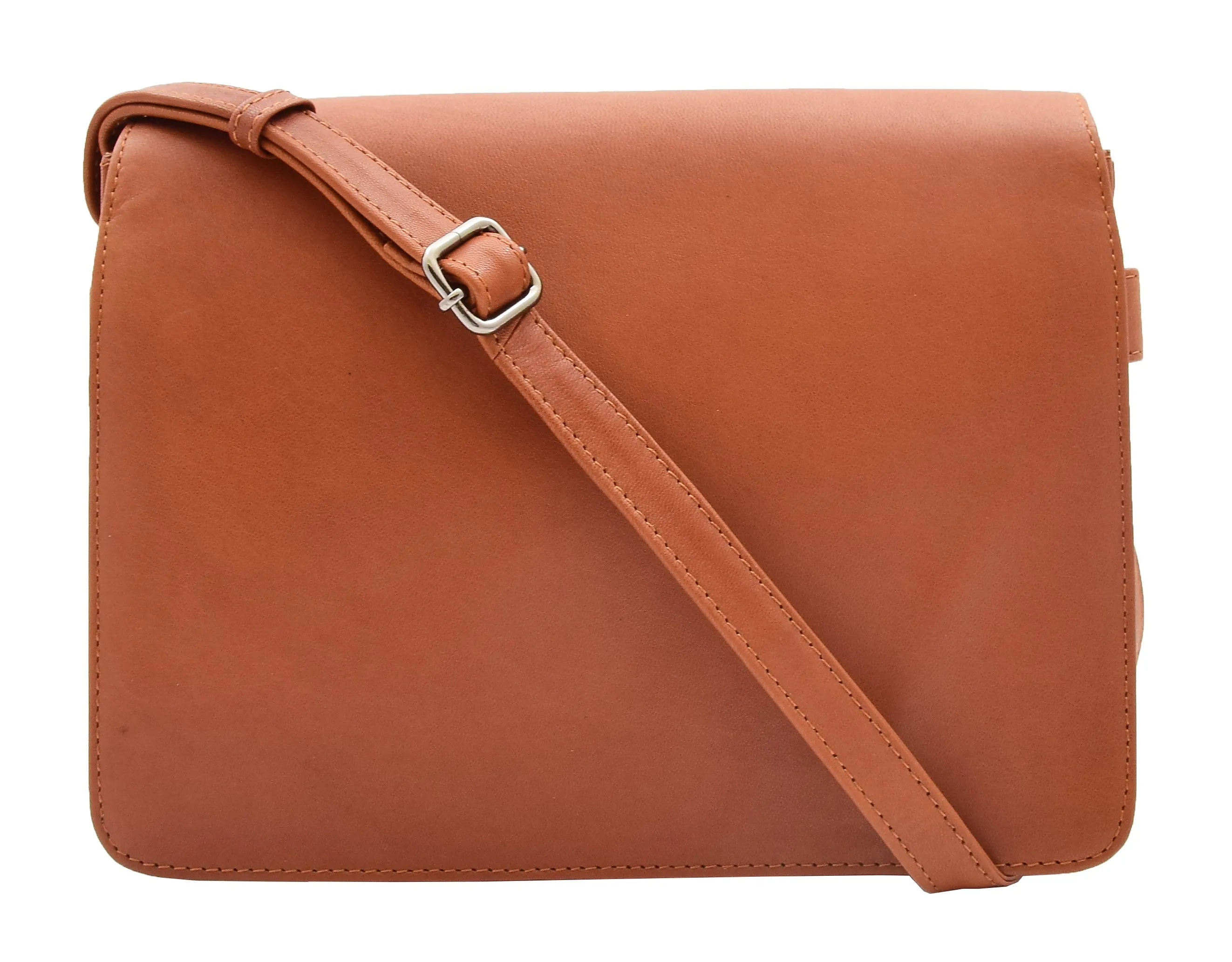 DR352 Women's Leather Cross Body Bag Flap Over Messenger Office Organiser Cognac