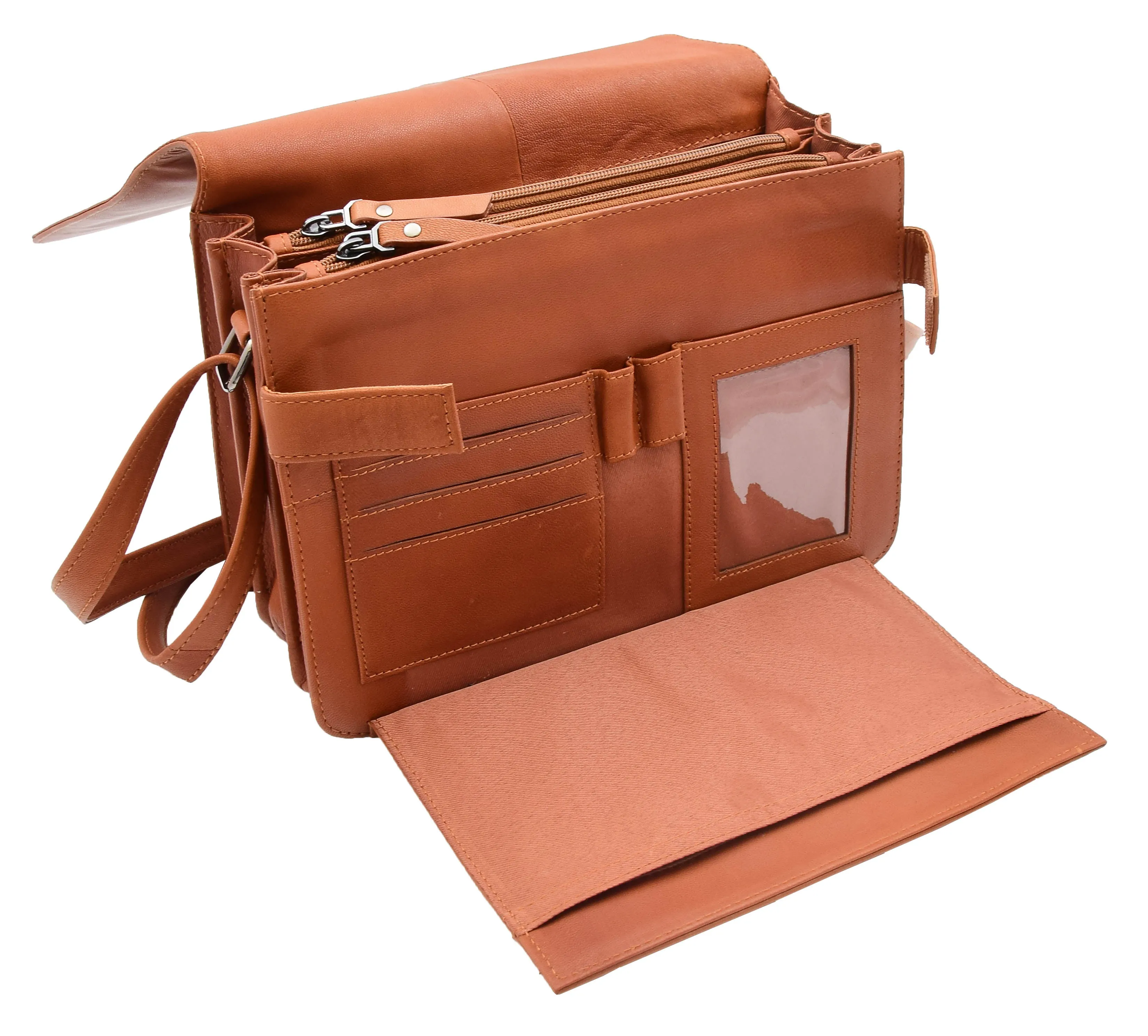 DR352 Women's Leather Cross Body Bag Flap Over Messenger Office Organiser Cognac