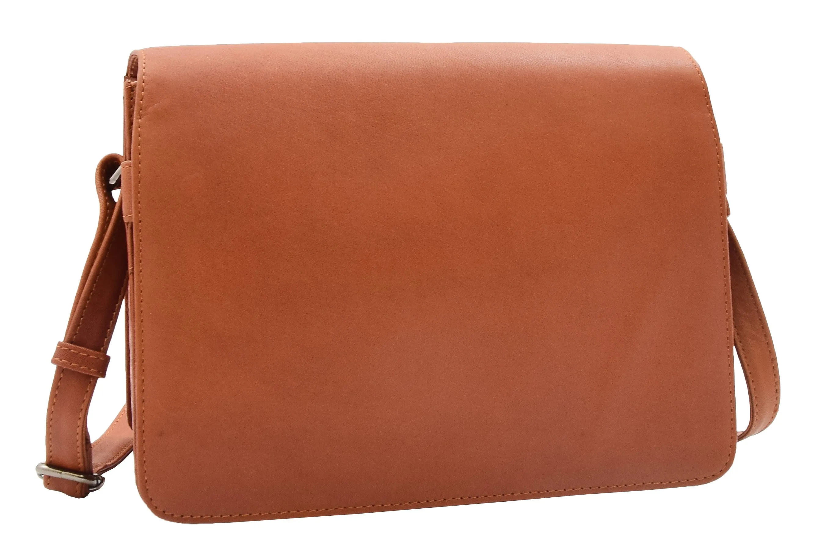 DR352 Women's Leather Cross Body Bag Flap Over Messenger Office Organiser Cognac