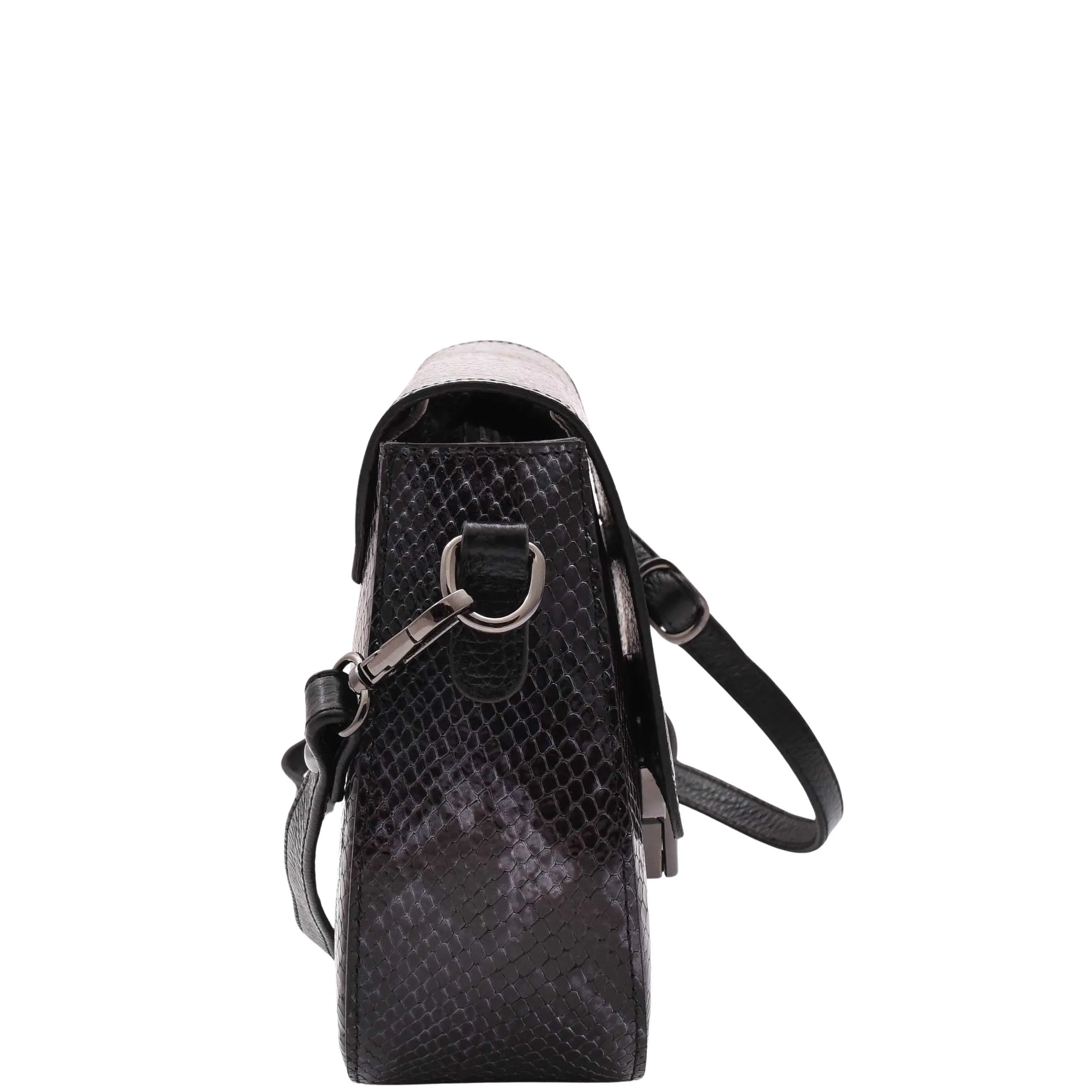 DR578 Women's Genuine Leather Small Sized Cross Body Bag Snake Print Navy