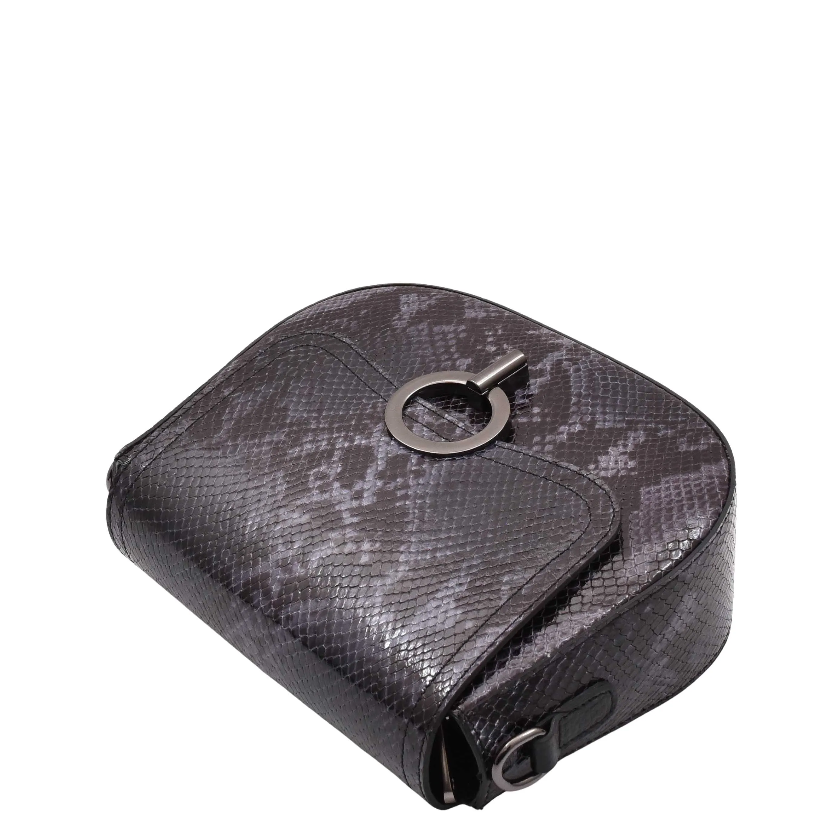 DR578 Women's Genuine Leather Small Sized Cross Body Bag Snake Print Navy