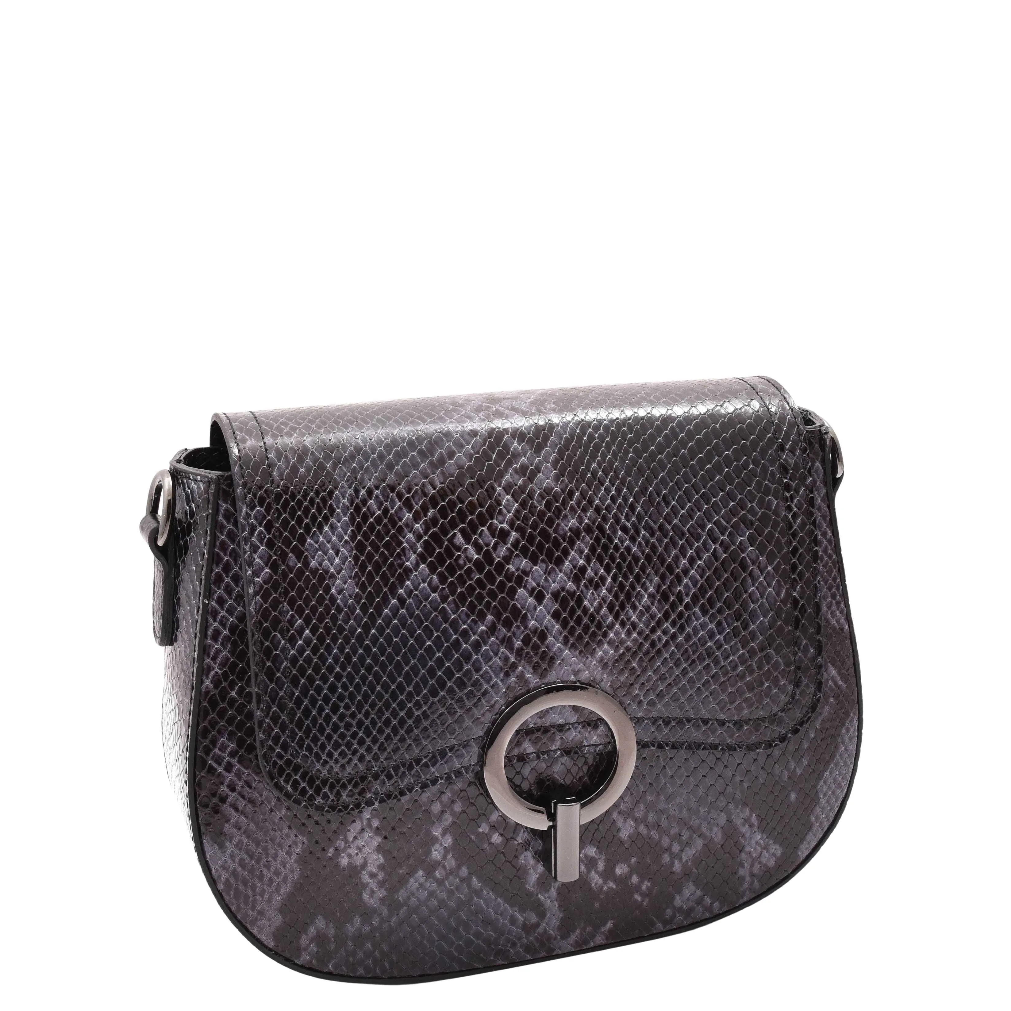 DR578 Women's Genuine Leather Small Sized Cross Body Bag Snake Print Navy