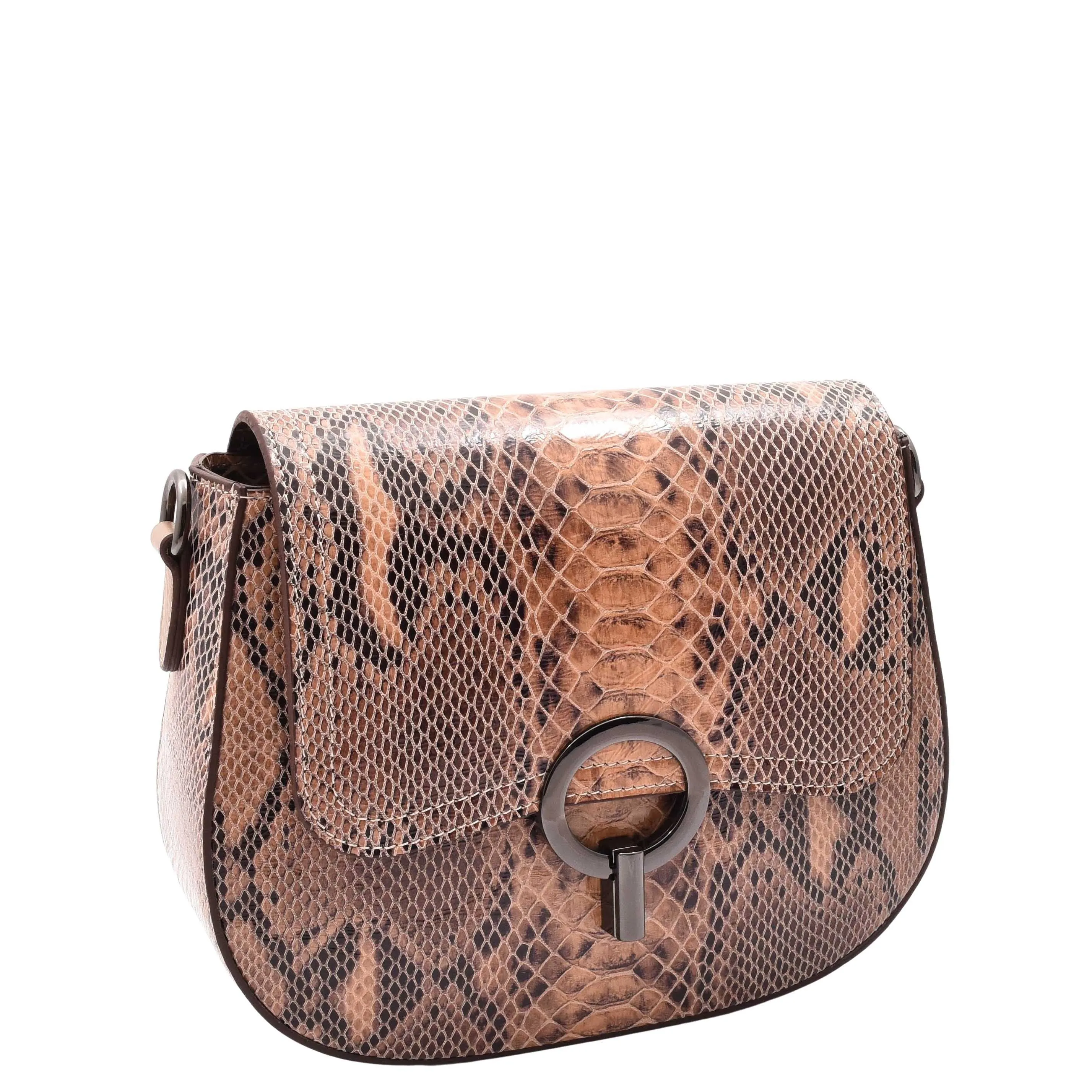 DR578 Women's Genuine Leather Small Sized Cross Body Bag Snake Print Taupe