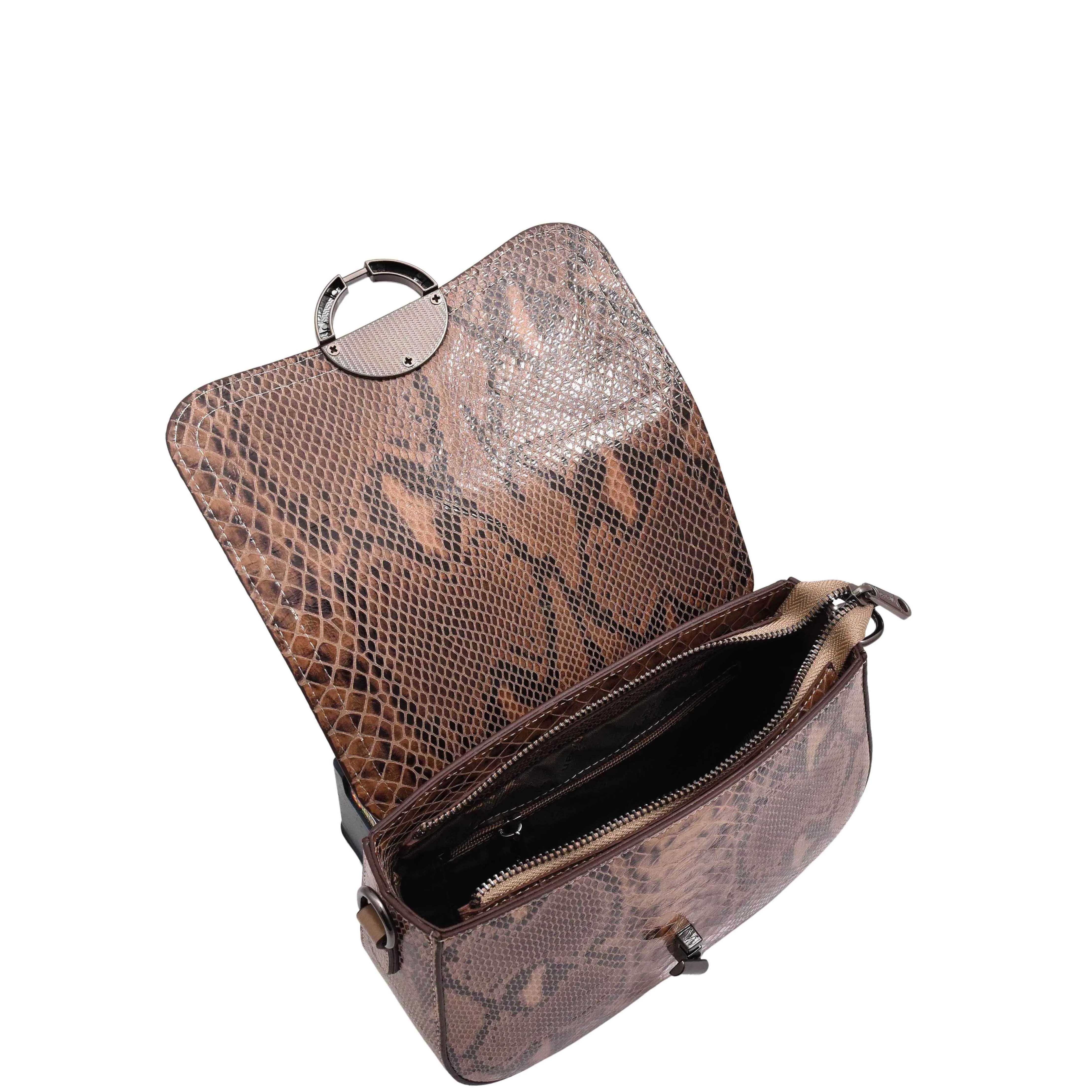 DR578 Women's Genuine Leather Small Sized Cross Body Bag Snake Print Taupe