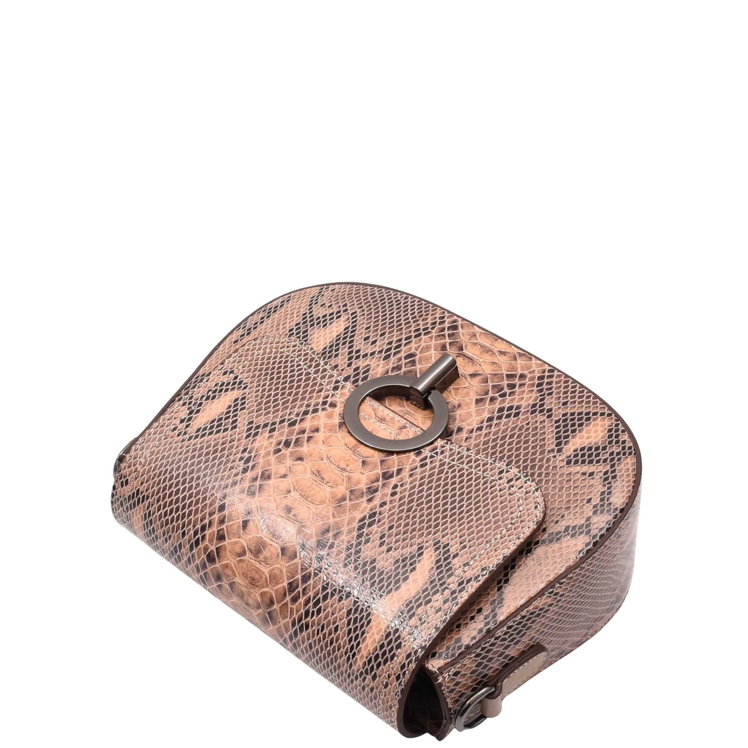 DR578 Women's Genuine Leather Small Sized Cross Body Bag Snake Print Taupe