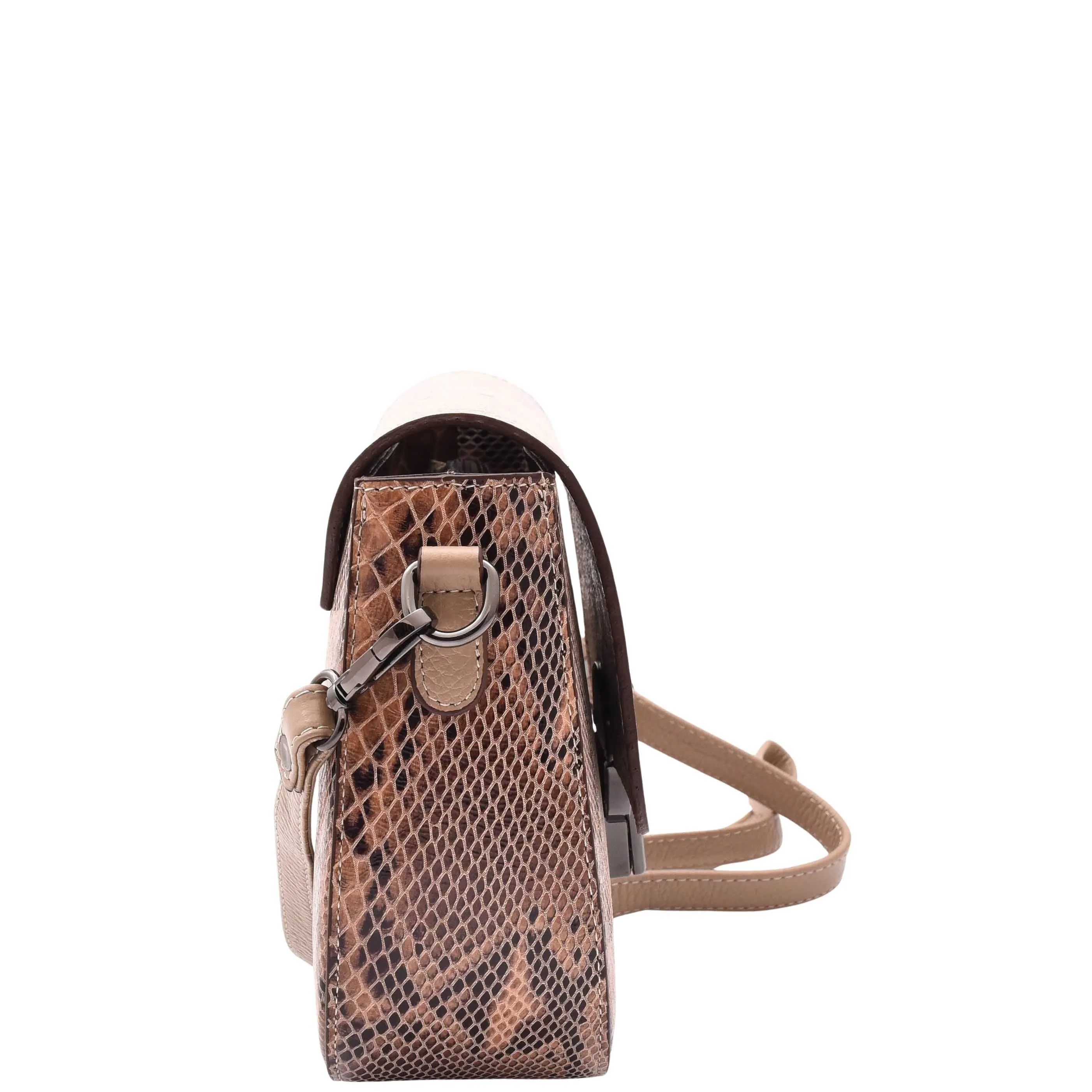 DR578 Women's Genuine Leather Small Sized Cross Body Bag Snake Print Taupe