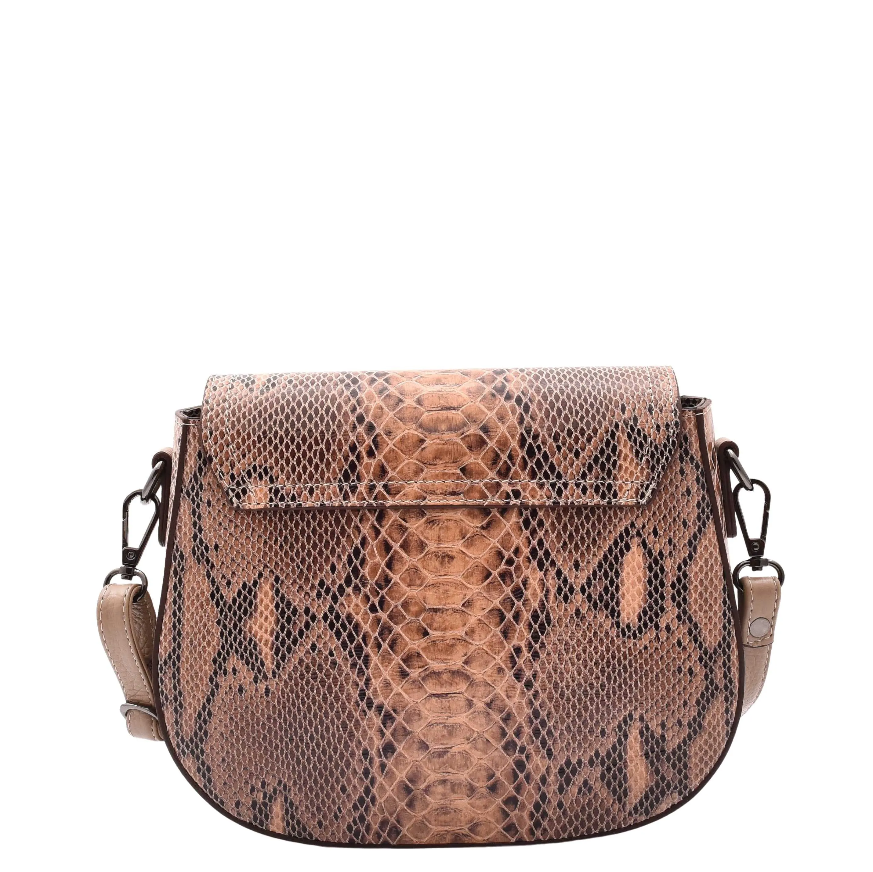 DR578 Women's Genuine Leather Small Sized Cross Body Bag Snake Print Taupe