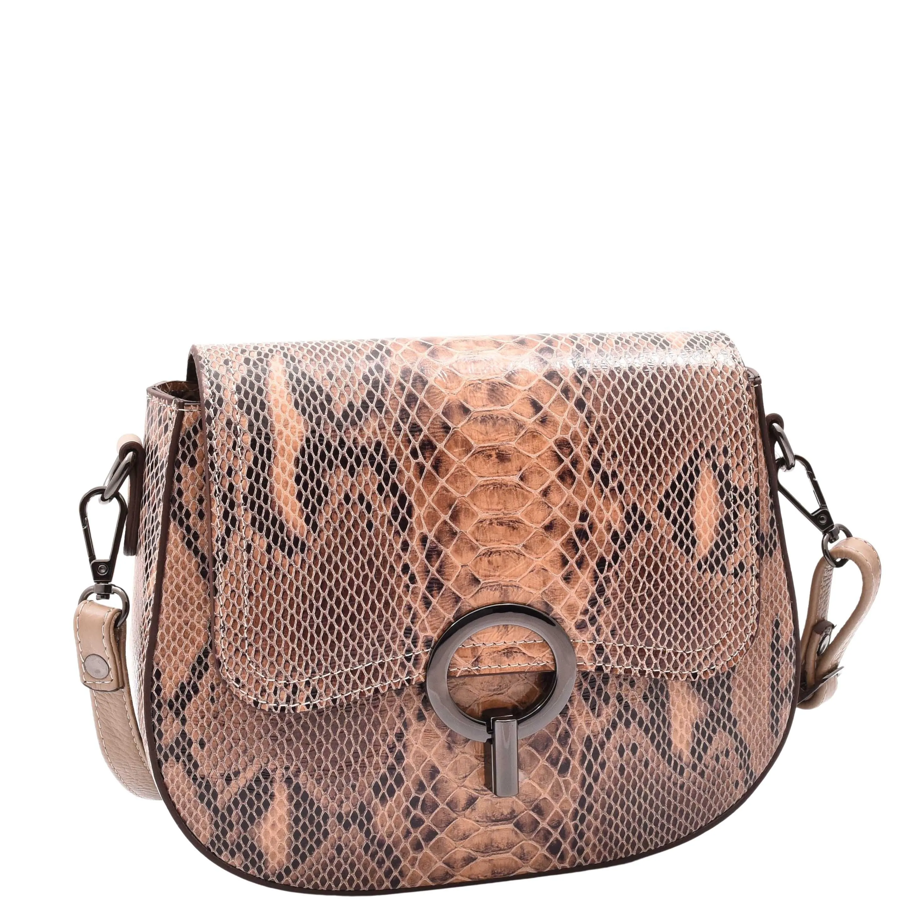 DR578 Women's Genuine Leather Small Sized Cross Body Bag Snake Print Taupe