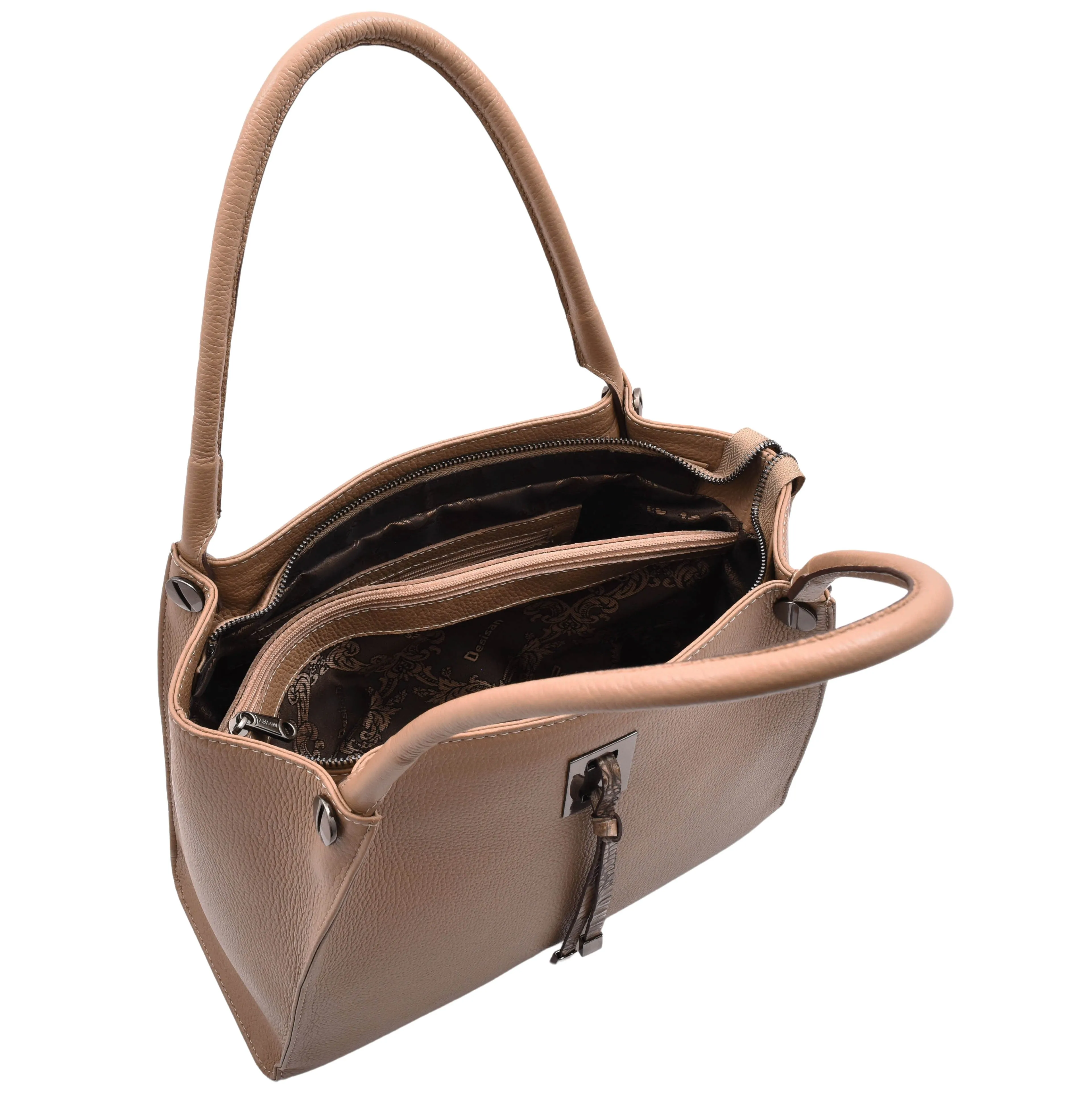 DR588 Women's Textured Leather Large Shoulder Bag With Multi Pockets Taupe