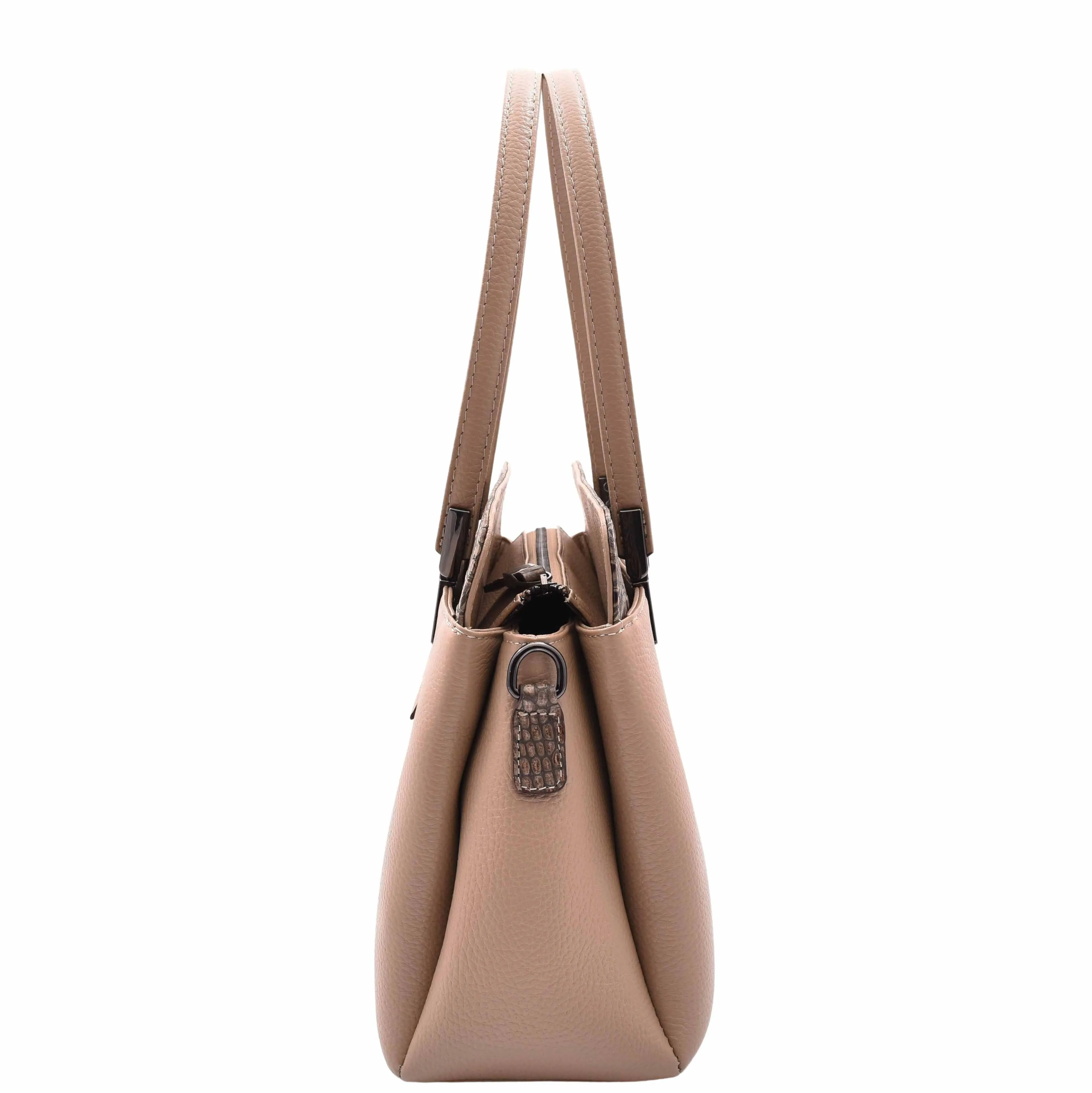 DR589 Women's Leather Medium Size Tote Zip Shoulder Bag Taupe