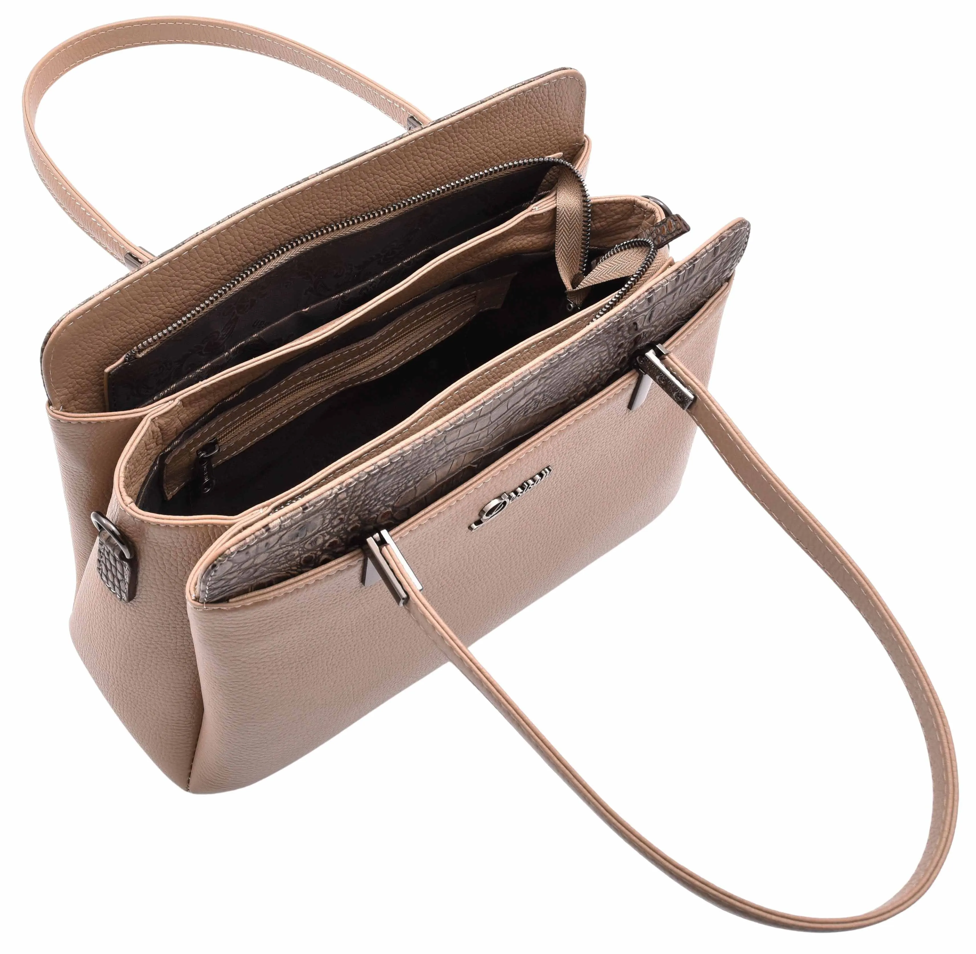 DR589 Women's Leather Medium Size Tote Zip Shoulder Bag Taupe