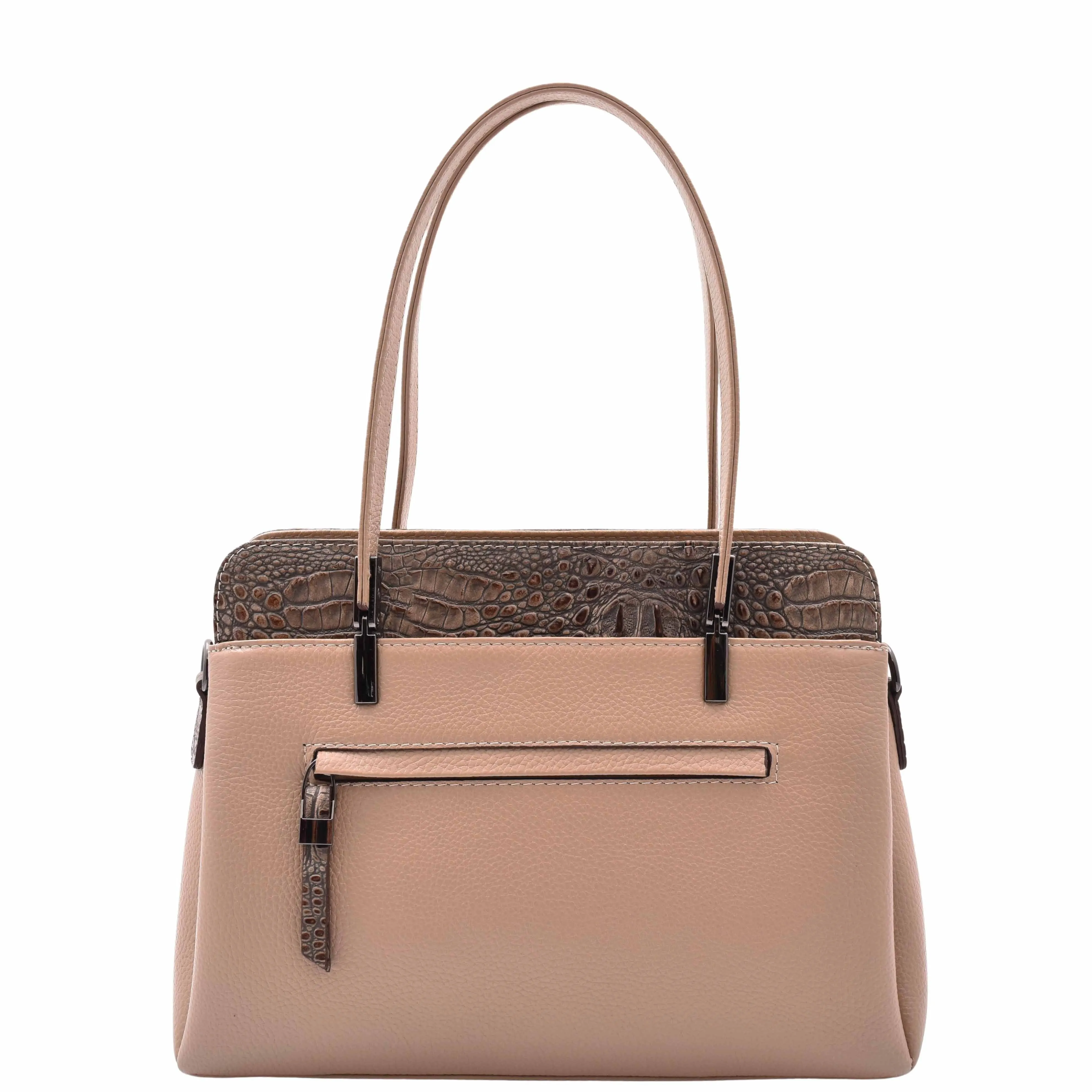 DR589 Women's Leather Medium Size Tote Zip Shoulder Bag Taupe
