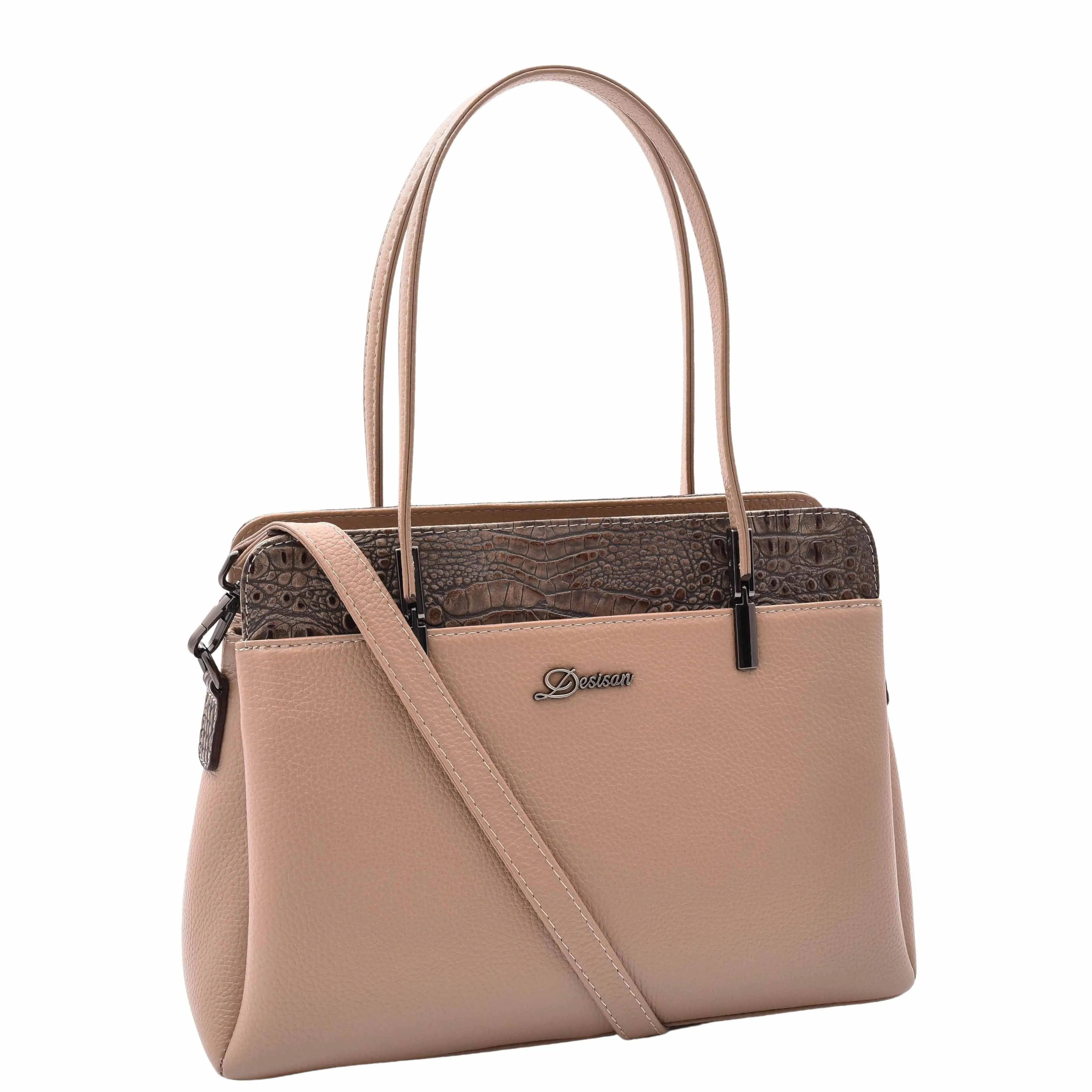 DR589 Women's Leather Medium Size Tote Zip Shoulder Bag Taupe