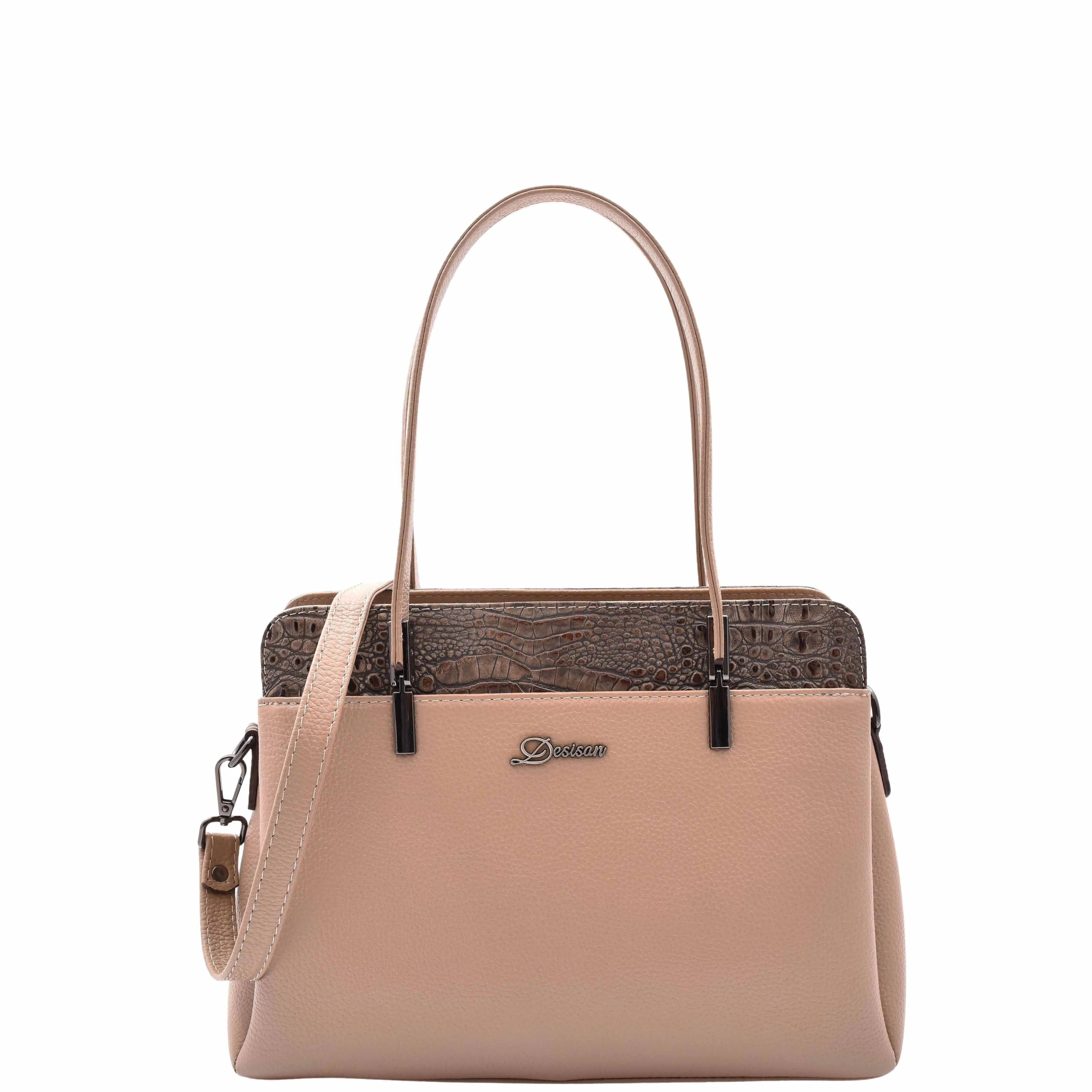 DR589 Women's Leather Medium Size Tote Zip Shoulder Bag Taupe