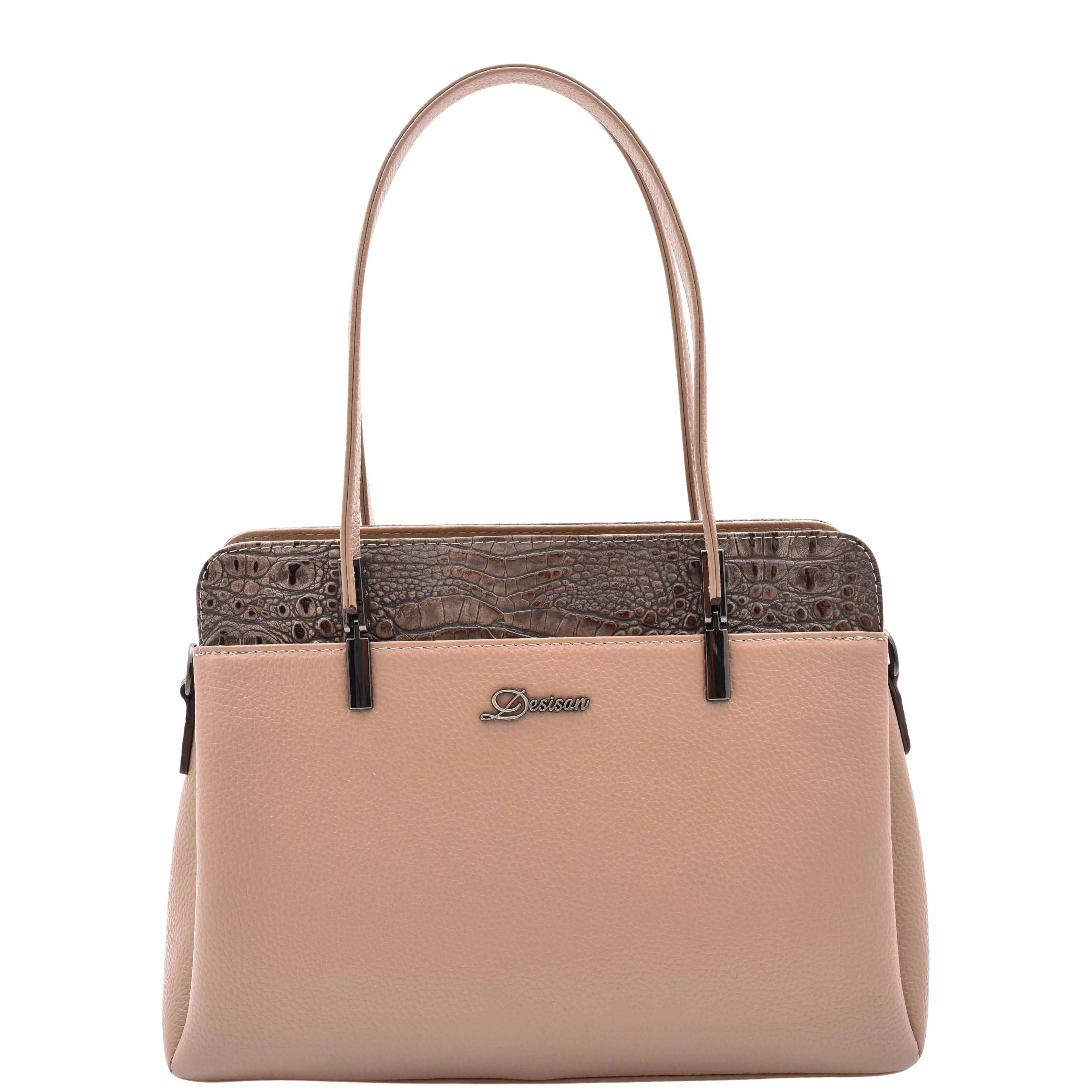 DR589 Women's Leather Medium Size Tote Zip Shoulder Bag Taupe