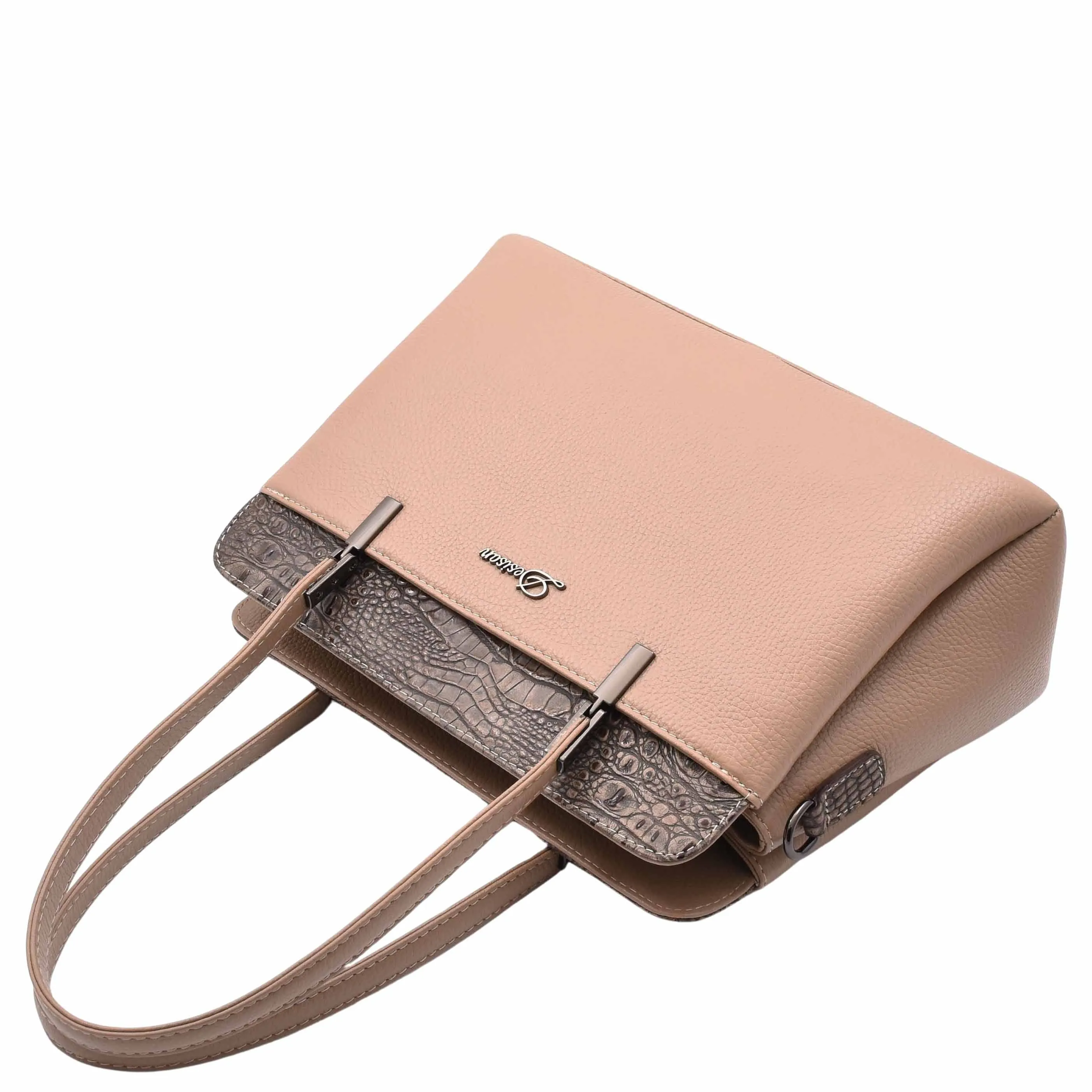 DR589 Women's Leather Medium Size Tote Zip Shoulder Bag Taupe