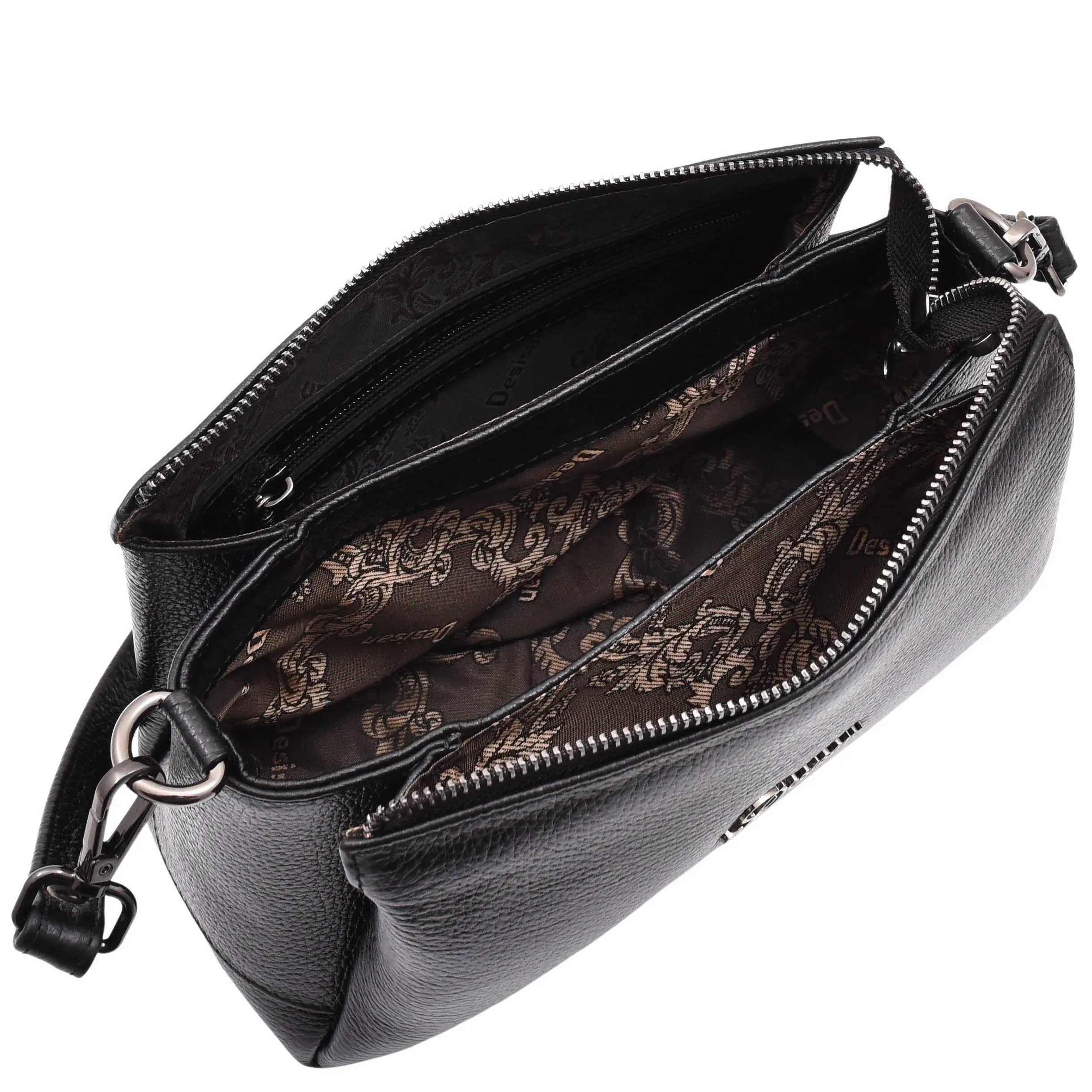 DR597 Women's Genuine Leather Small Zip Handbag Shoulder Bag Black