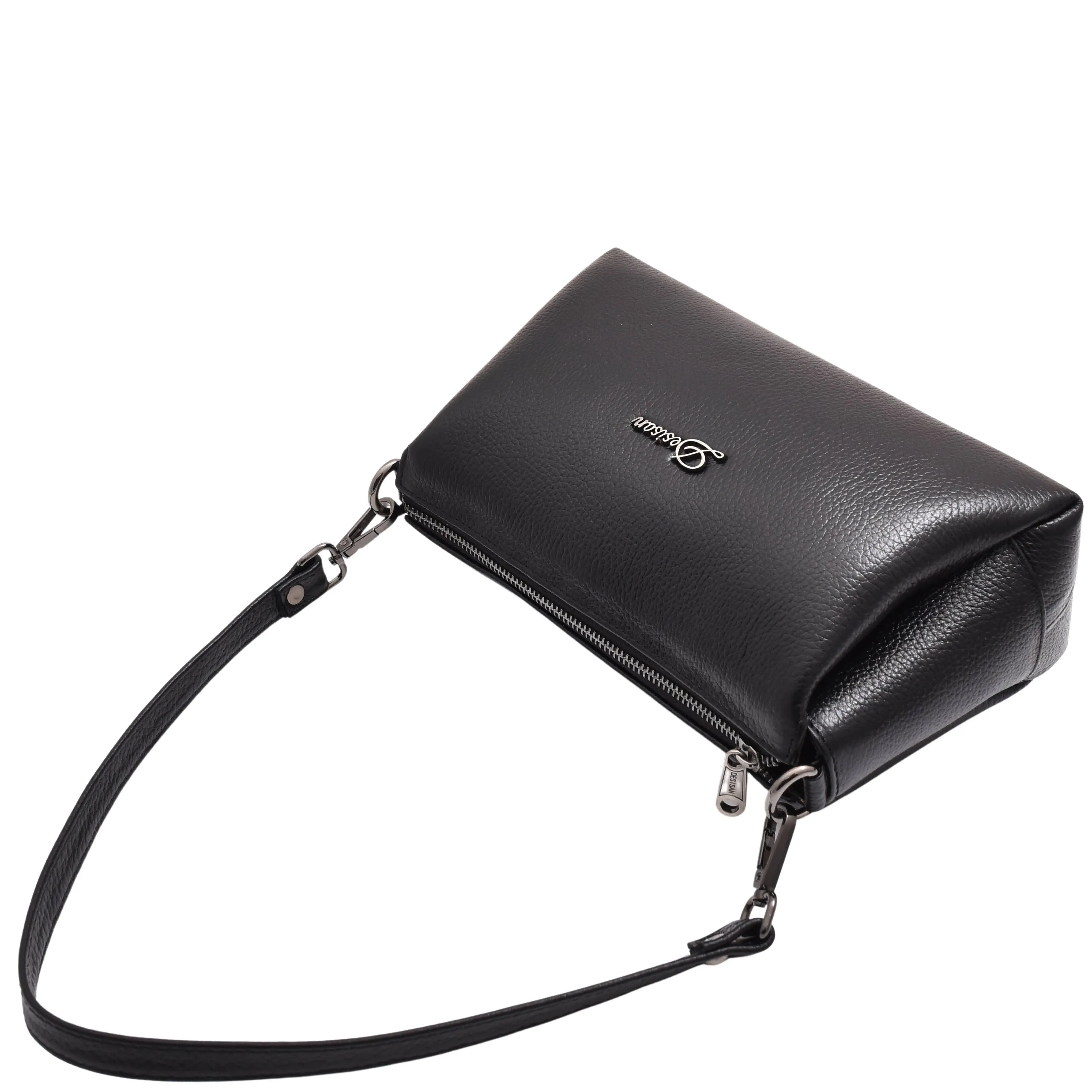 DR597 Women's Genuine Leather Small Zip Handbag Shoulder Bag Black