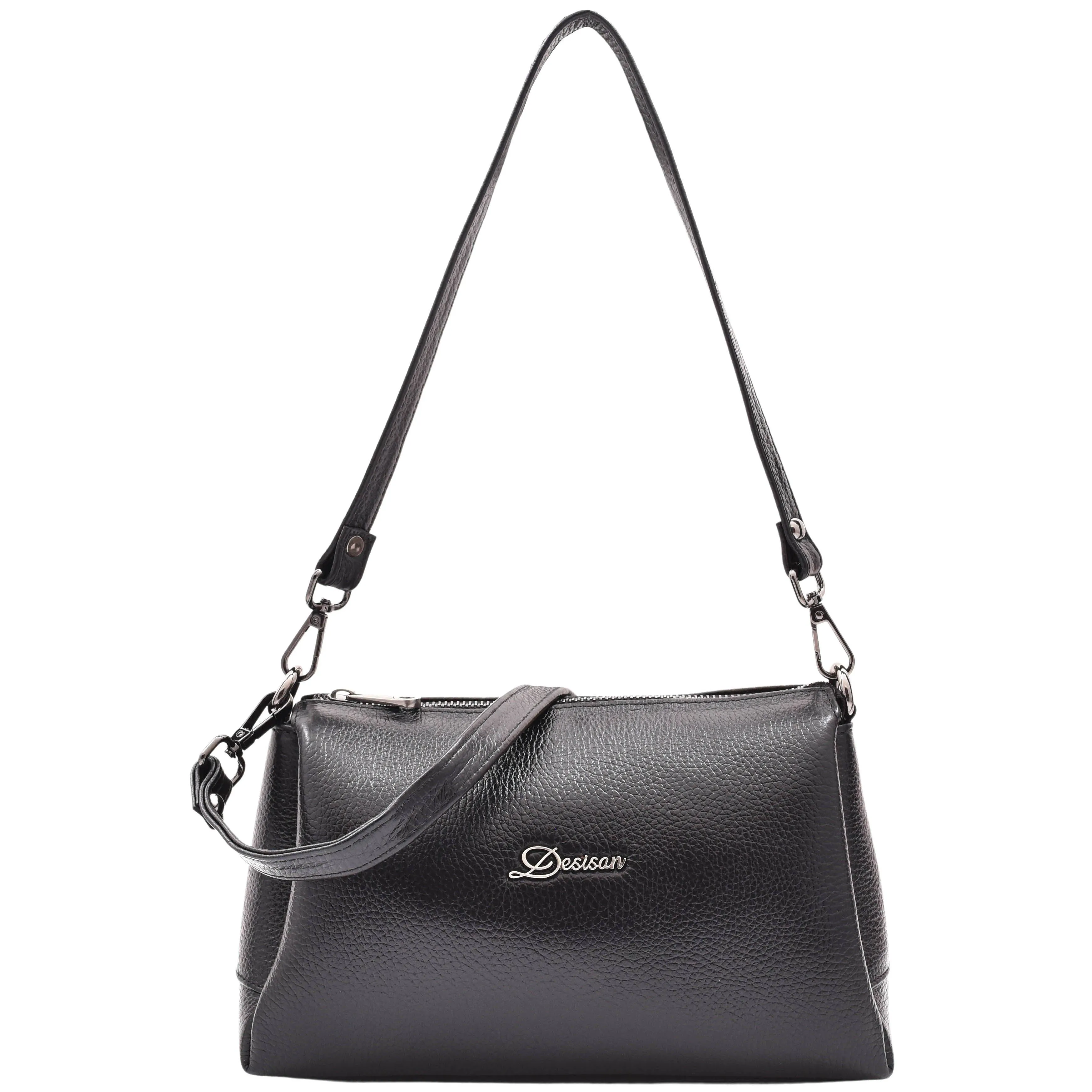 DR597 Women's Genuine Leather Small Zip Handbag Shoulder Bag Black