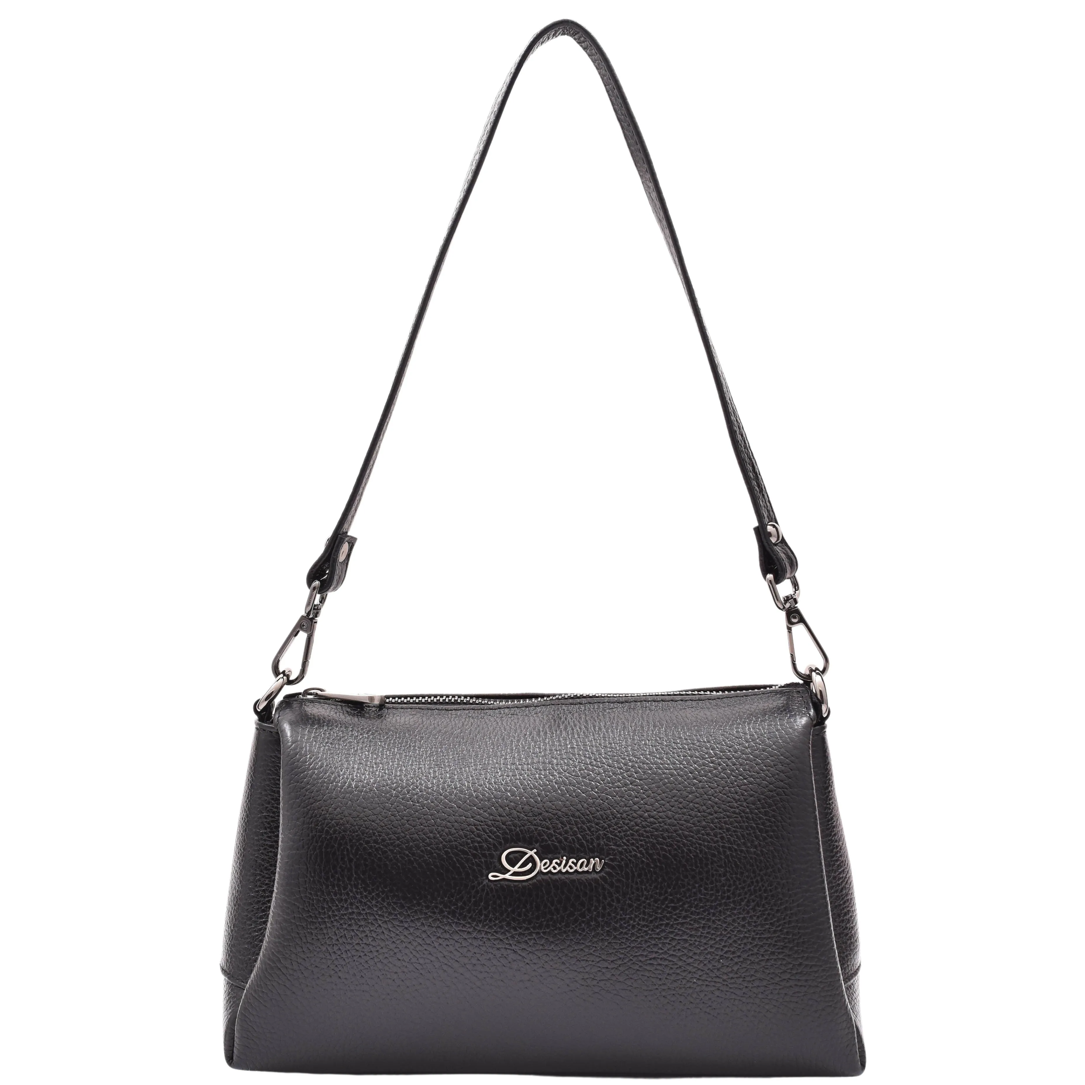 DR597 Women's Genuine Leather Small Zip Handbag Shoulder Bag Black
