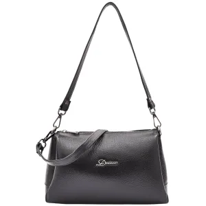 DR597 Women's Genuine Leather Small Zip Handbag Shoulder Bag Black