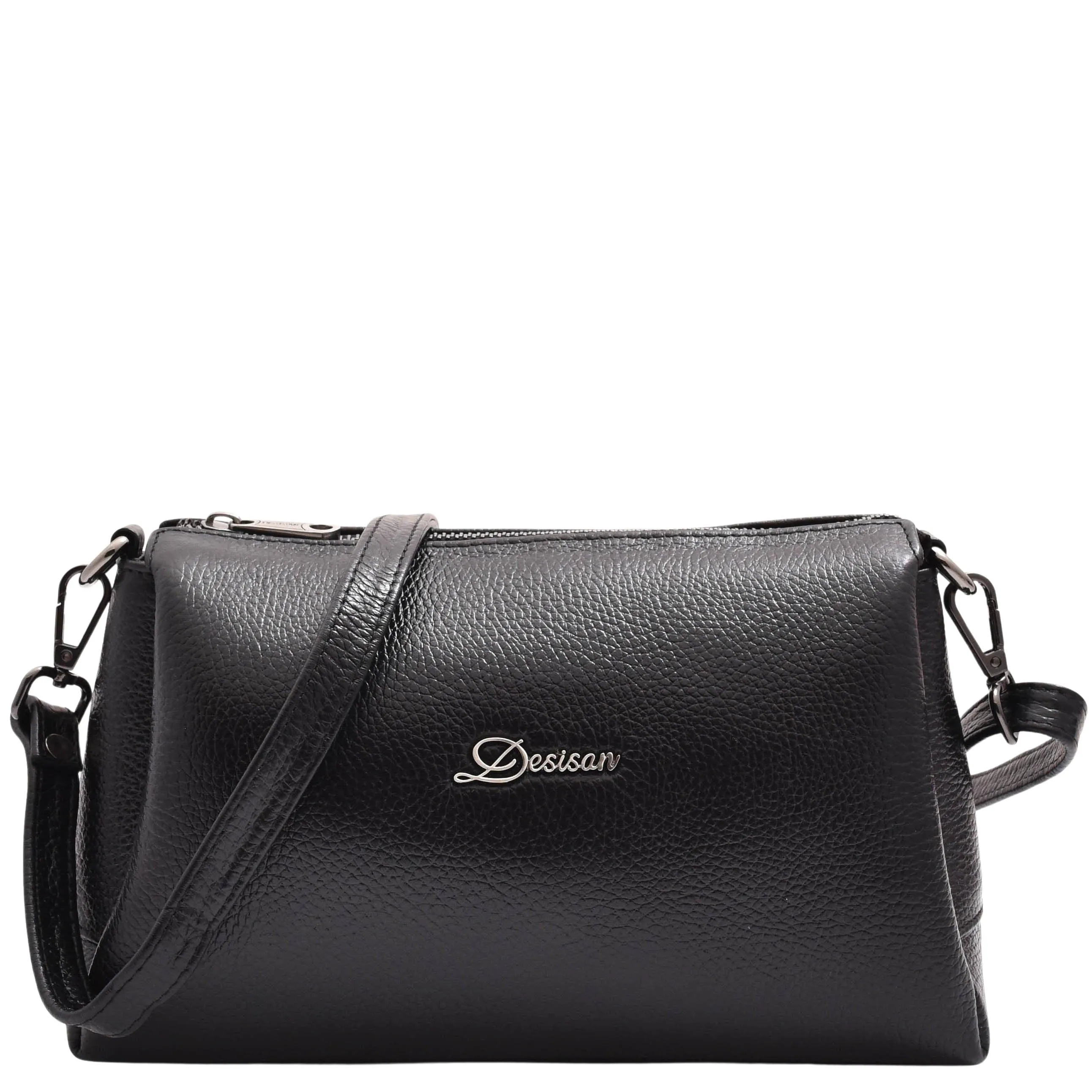 DR597 Women's Genuine Leather Small Zip Handbag Shoulder Bag Black