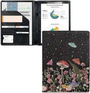 Dreaweet Mushroom Print Padfolio Clipboard Folder Leather Portfolio Organizer Binder for Women,Cute Business Organizer Suitable for Interviews,Resumes,and Conference Documents