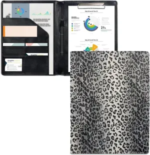 Dreaweet Silver Leopard Print Padfolio for Women Leather Portfolio Binder,Interview Legal Document Organizer with Pen Slots Business Card Holder Letter Sized Writing Pad,Office Supplies
