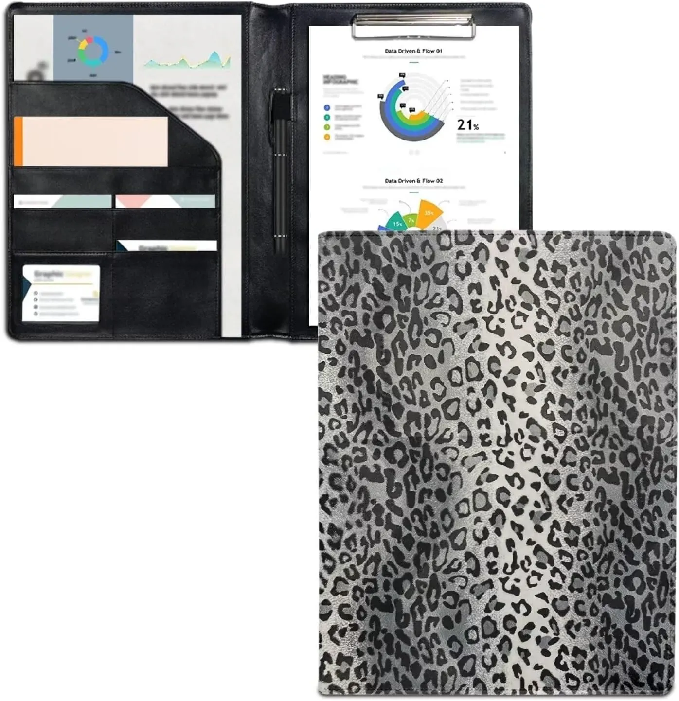 Dreaweet Silver Leopard Print Padfolio for Women Leather Portfolio Binder,Interview Legal Document Organizer with Pen Slots Business Card Holder Letter Sized Writing Pad,Office Supplies