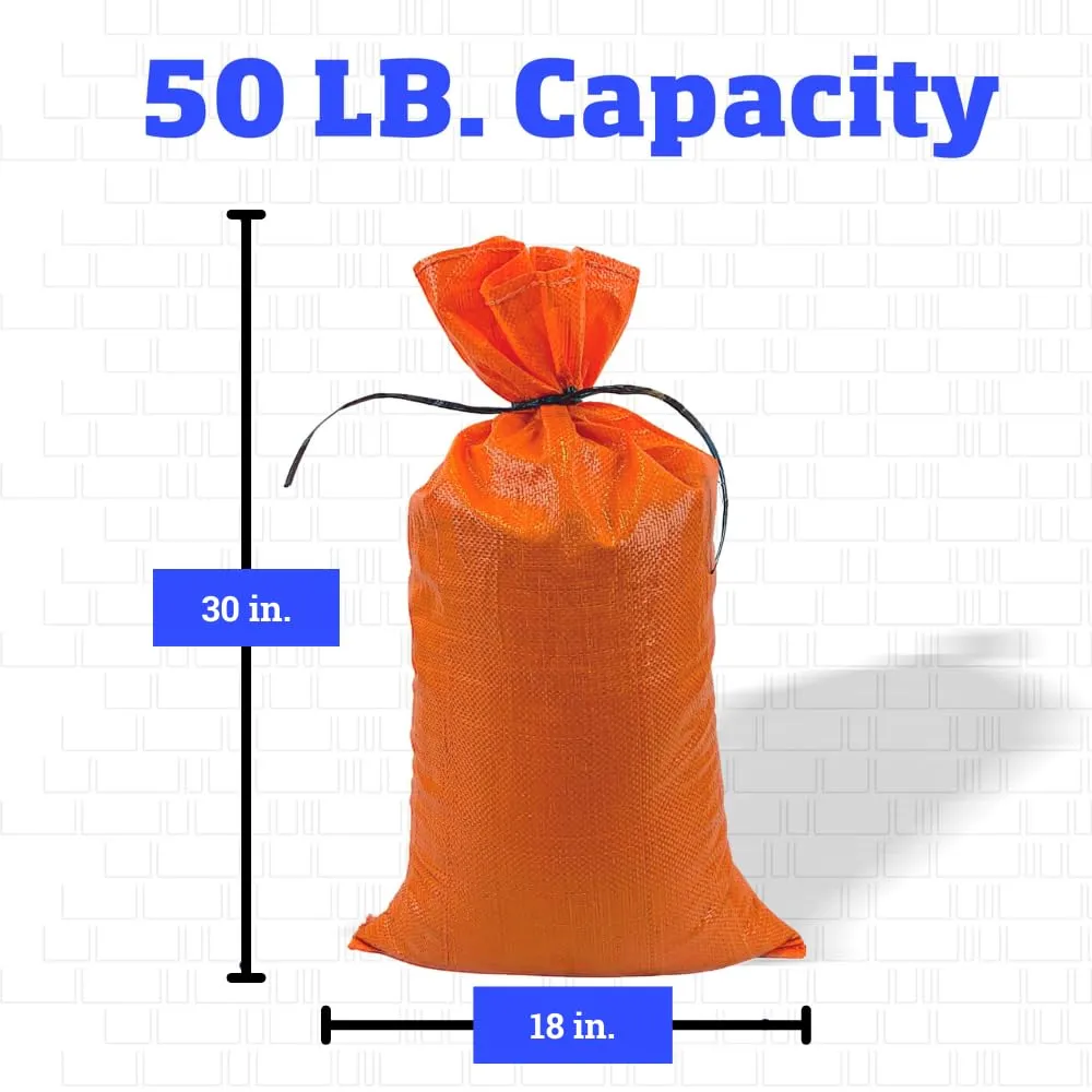 DURASACK Large Heavy Duty Sand Bags with Tie Strings Empty Woven Polypropylene Sandbags for Flood Control with 1600 Hours of UV Protection, 50 lbs Capacity, 18x30 inches, Orange, 100 Count