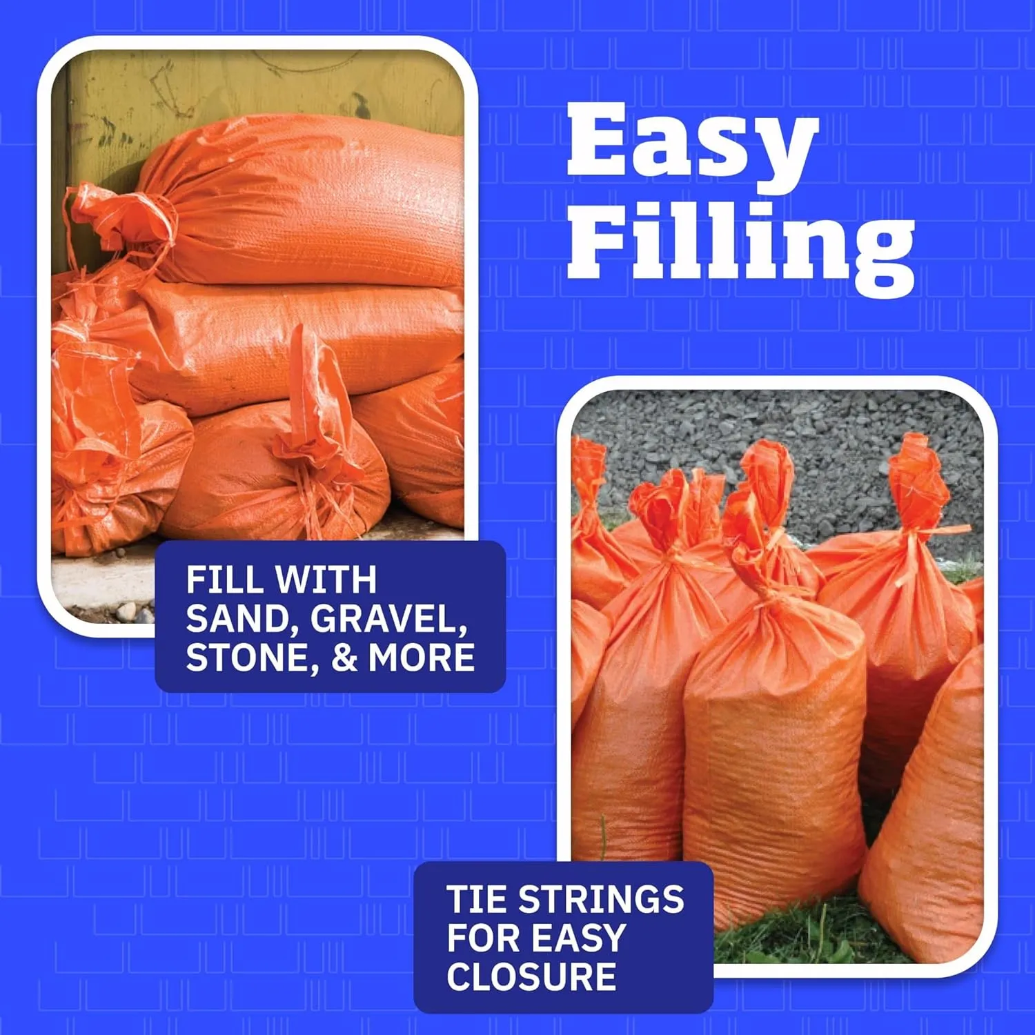 DURASACK Large Heavy Duty Sand Bags with Tie Strings Empty Woven Polypropylene Sandbags for Flood Control with 1600 Hours of UV Protection, 50 lbs Capacity, 18x30 inches, Orange, 100 Count