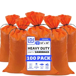 DURASACK Large Heavy Duty Sand Bags with Tie Strings Empty Woven Polypropylene Sandbags for Flood Control with 1600 Hours of UV Protection, 50 lbs Capacity, 18x30 inches, Orange, 100 Count