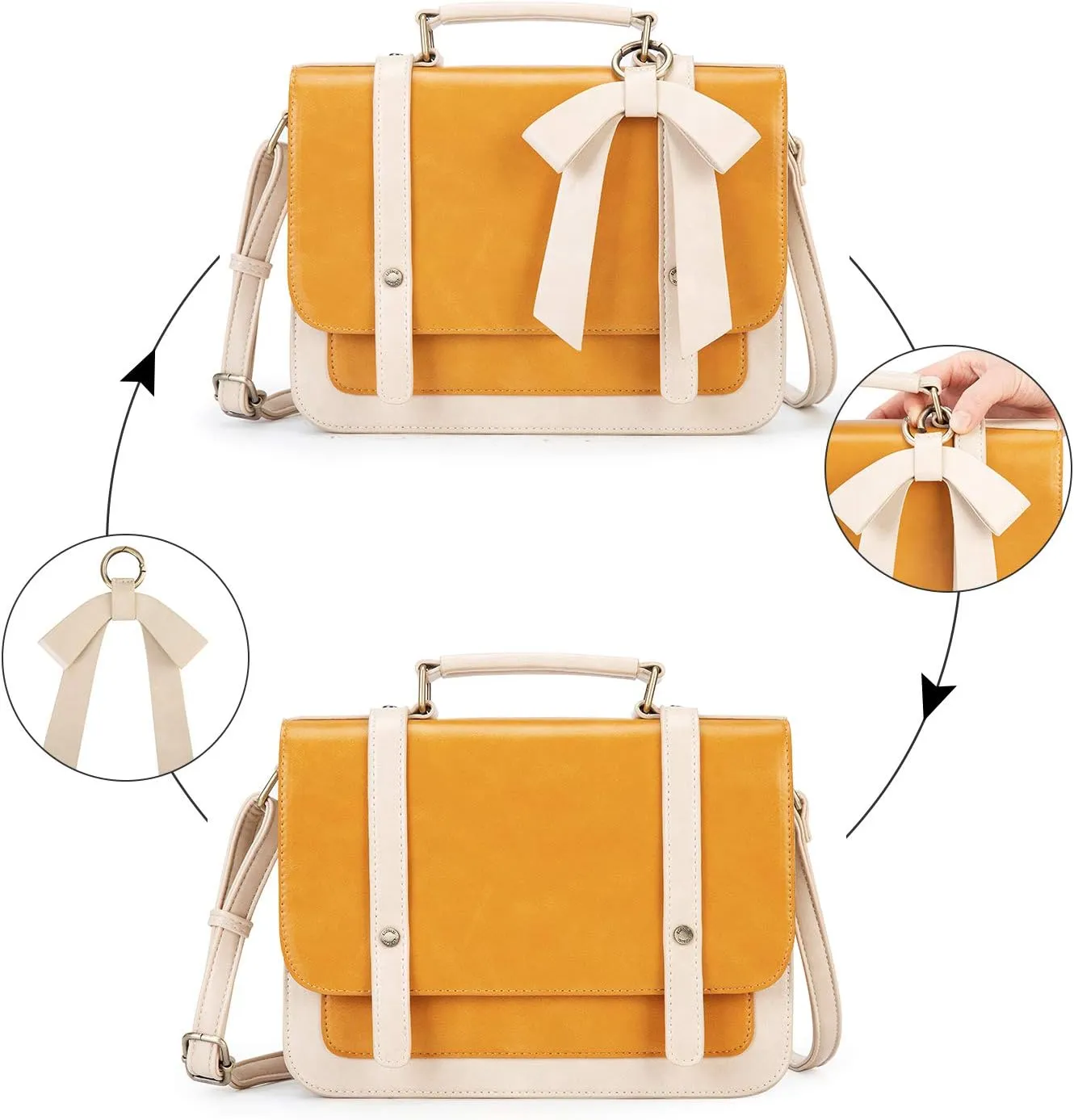 ECOSUSI Small Crossbody Bags Vintage Satchel Work Bag Vegan Leather Shoulder Bag with Detachable Bow